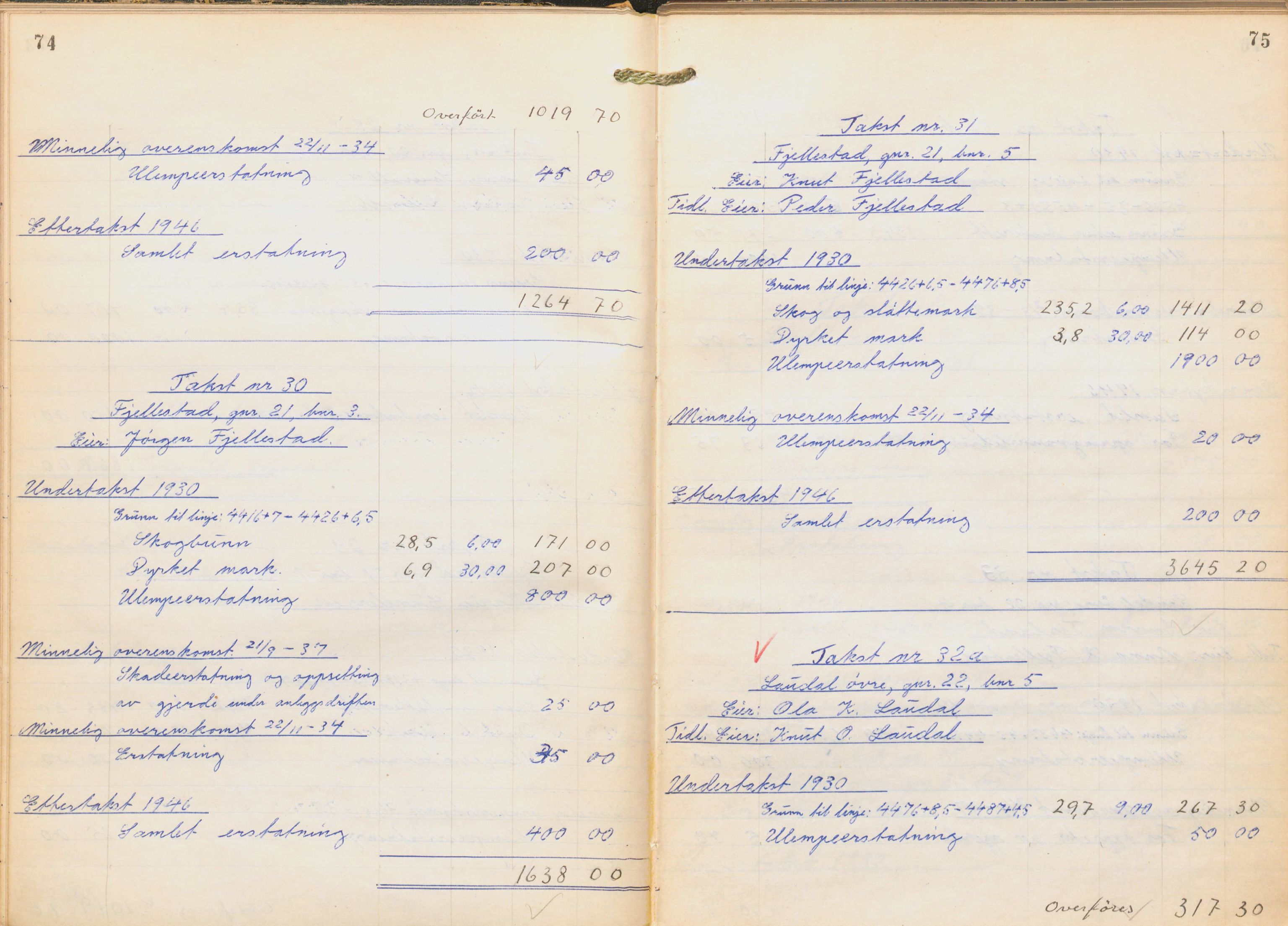 NSB Baneavdelingen, SAK/1821-0004/F/Fc/Fch/L0256/0003: Grunnerstatninger, målebrev / Kartkonduktørprotokoll for Kristiansand - Moi, 1. og 2. avd., 1947, p. 74-75