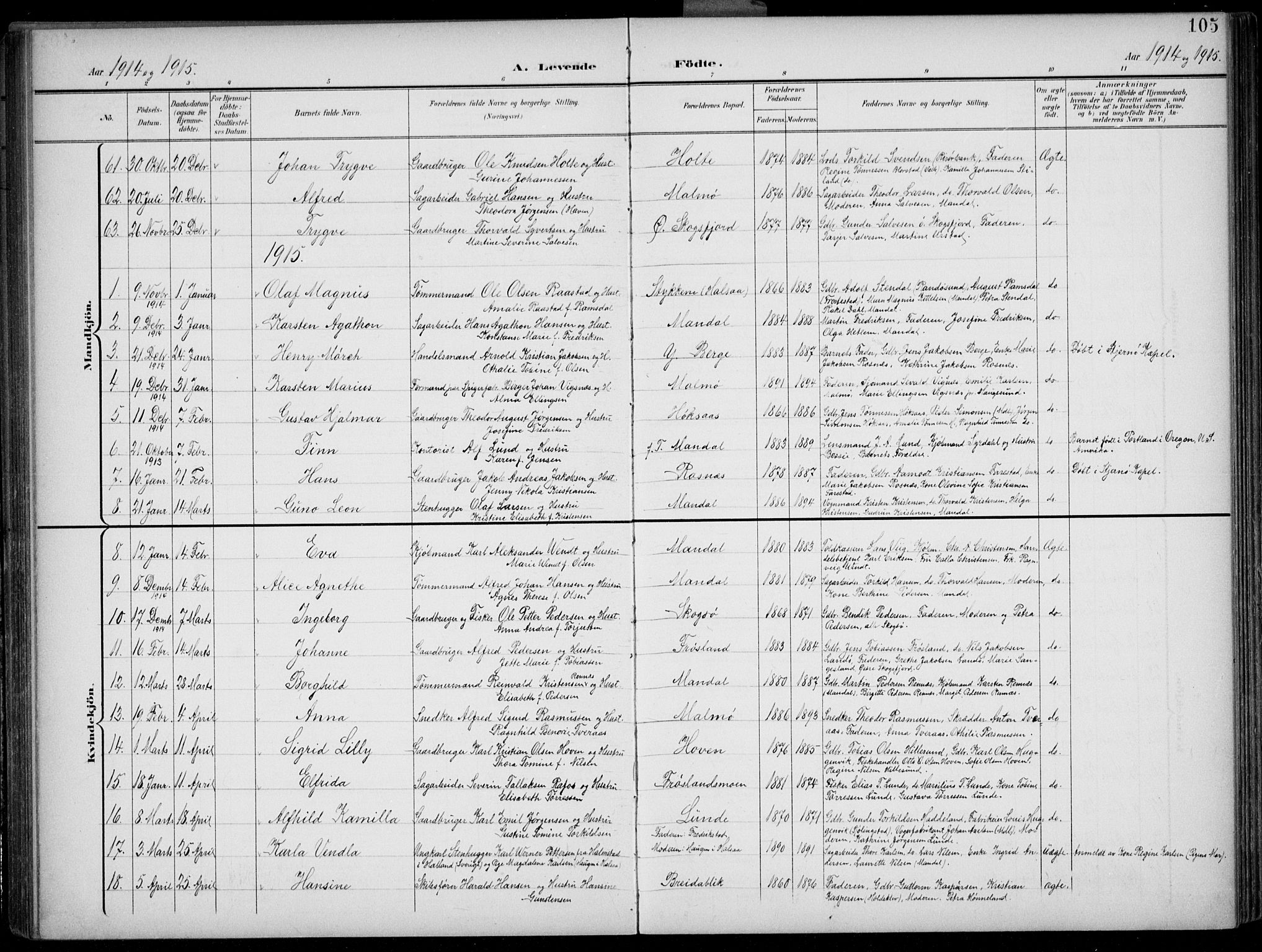 Mandal sokneprestkontor, AV/SAK-1111-0030/F/Fb/Fba/L0012: Parish register (copy) no. B 6, 1899-1918, p. 105