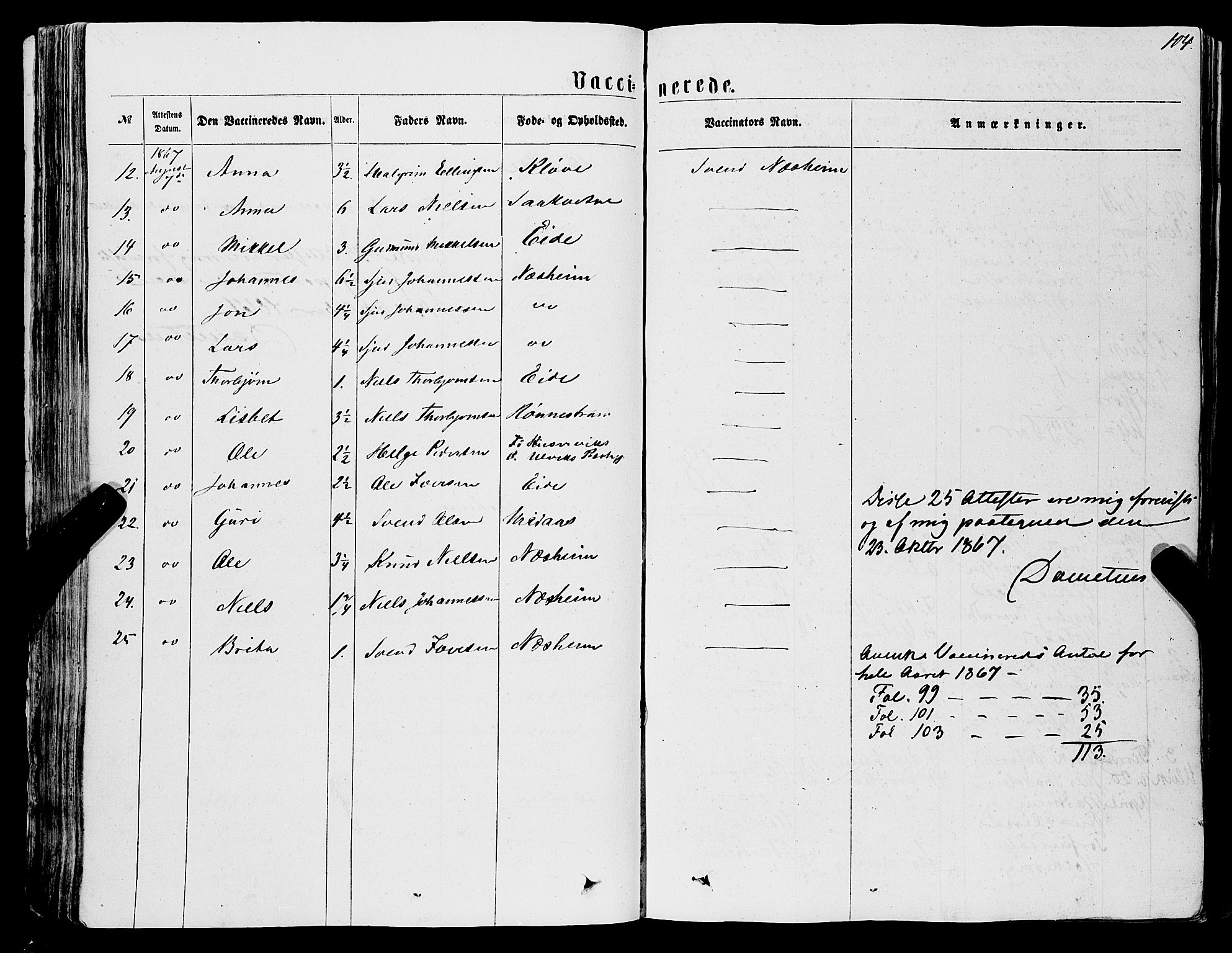 Ulvik sokneprestembete, AV/SAB-A-78801/H/Haa: Parish register (official) no. A 15, 1864-1878, p. 104