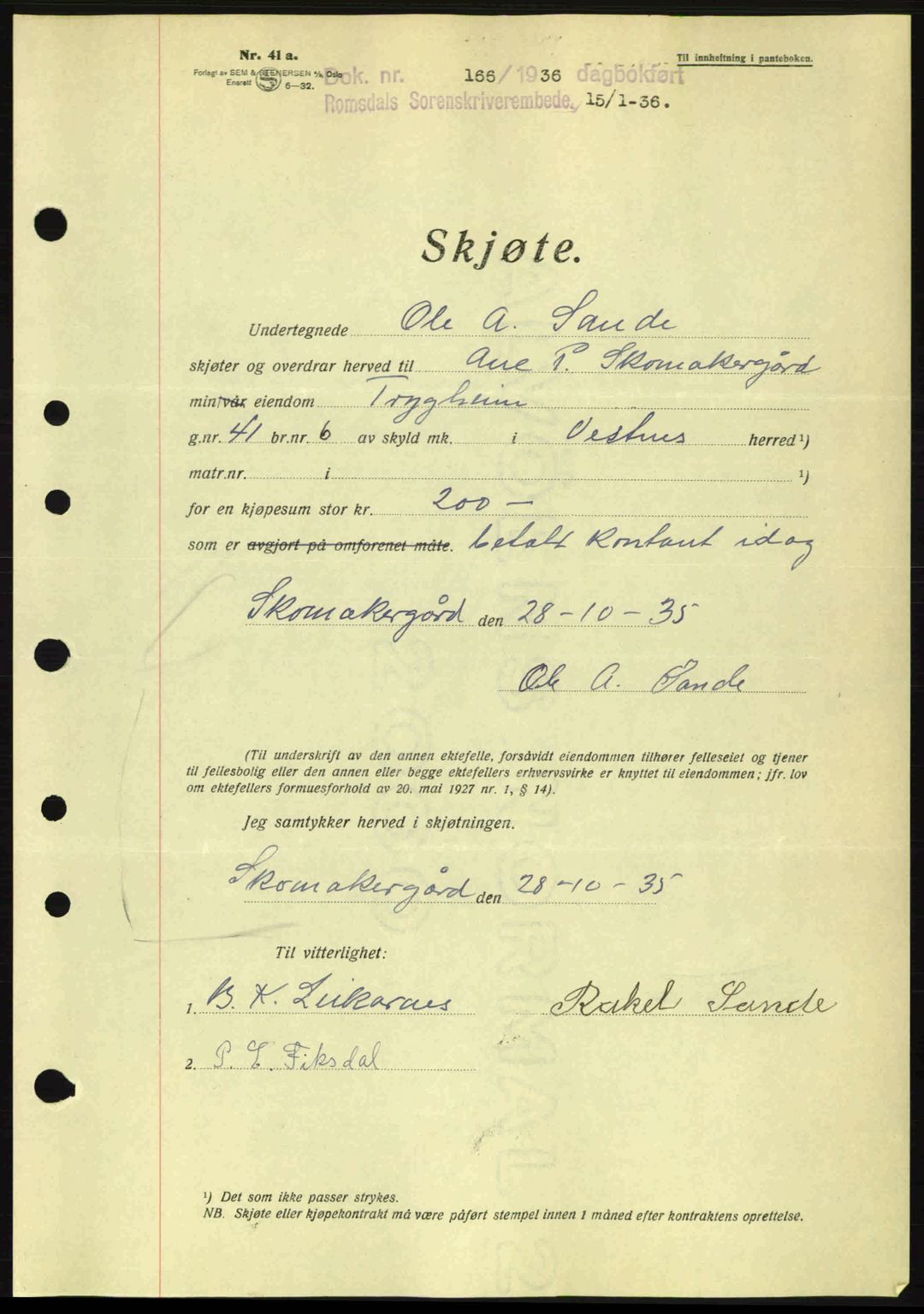 Romsdal sorenskriveri, AV/SAT-A-4149/1/2/2C: Mortgage book no. A1, 1936-1936, Diary no: : 166/1936