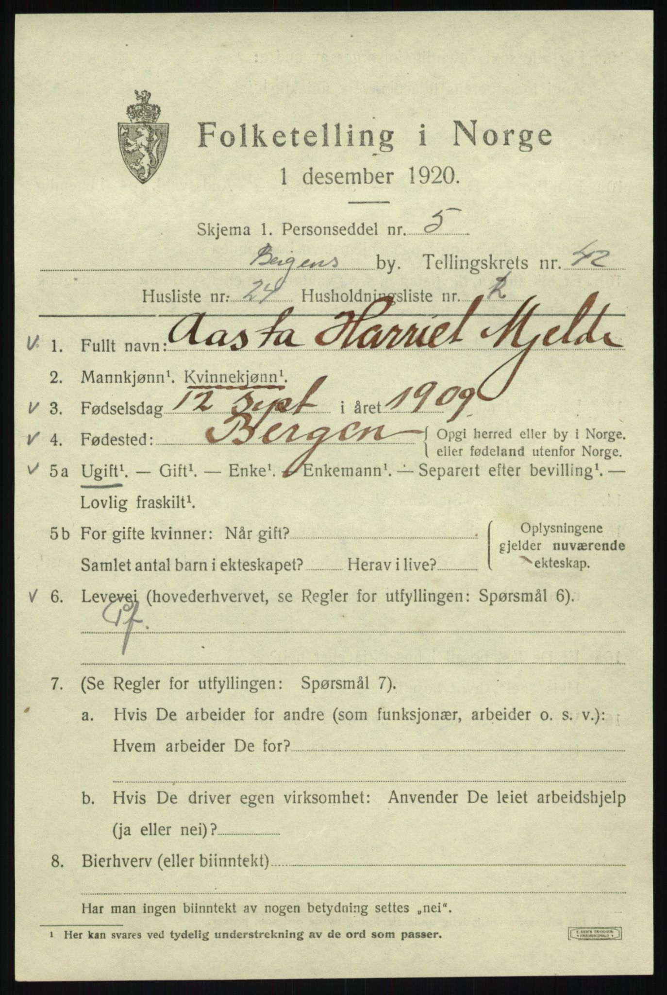 SAB, 1920 census for Bergen, 1920, p. 110373