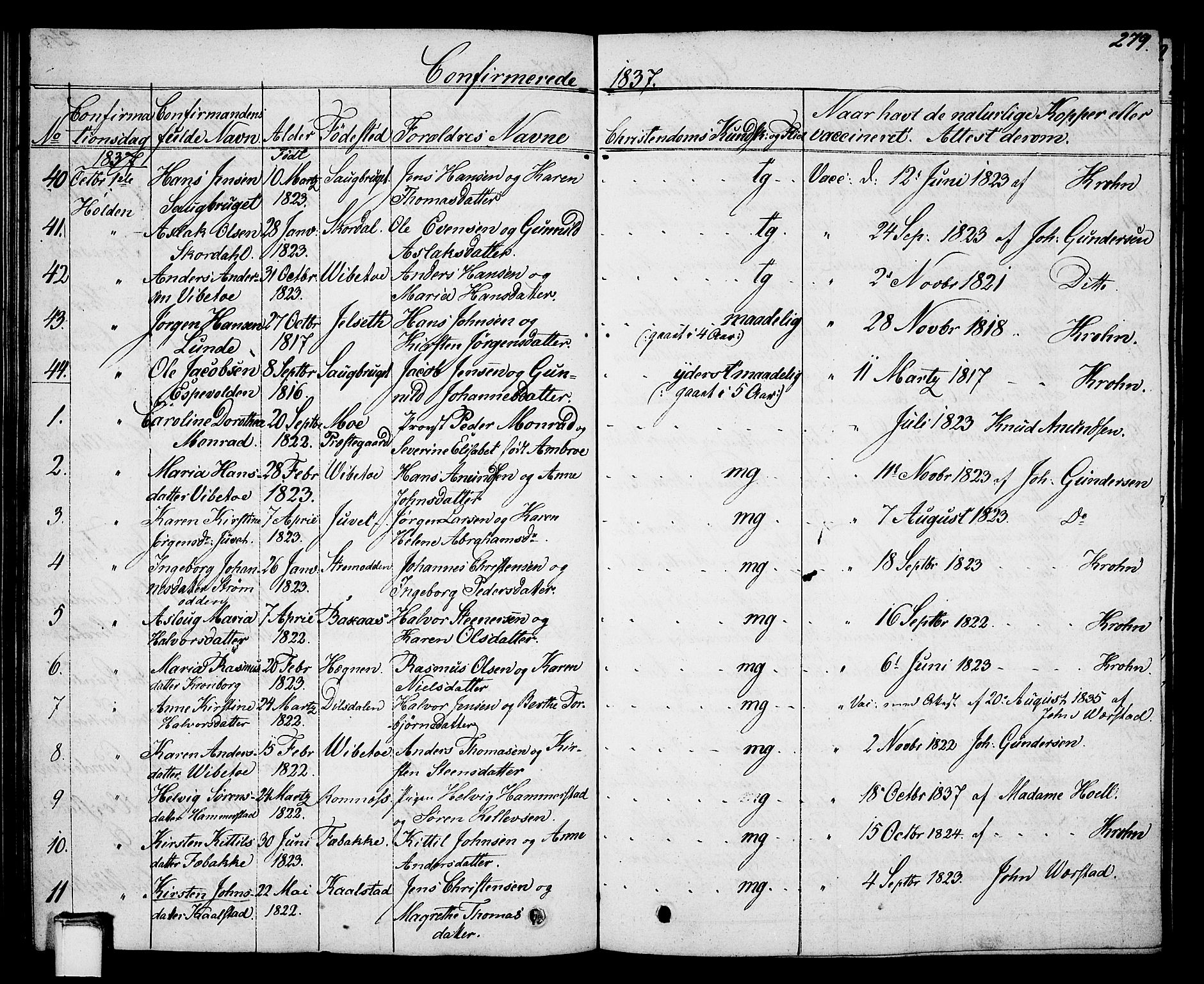 Holla kirkebøker, AV/SAKO-A-272/G/Ga/L0002: Parish register (copy) no. I 2, 1830-1848, p. 279