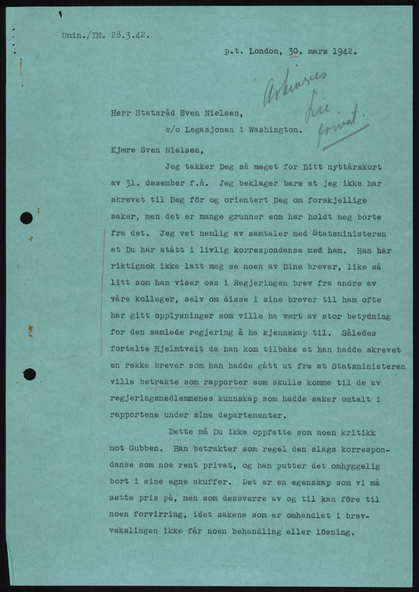 Lie, Trygve, RA/PA-1407/D/L0003: Blandet korrespondanse., 1940-1948, p. 3