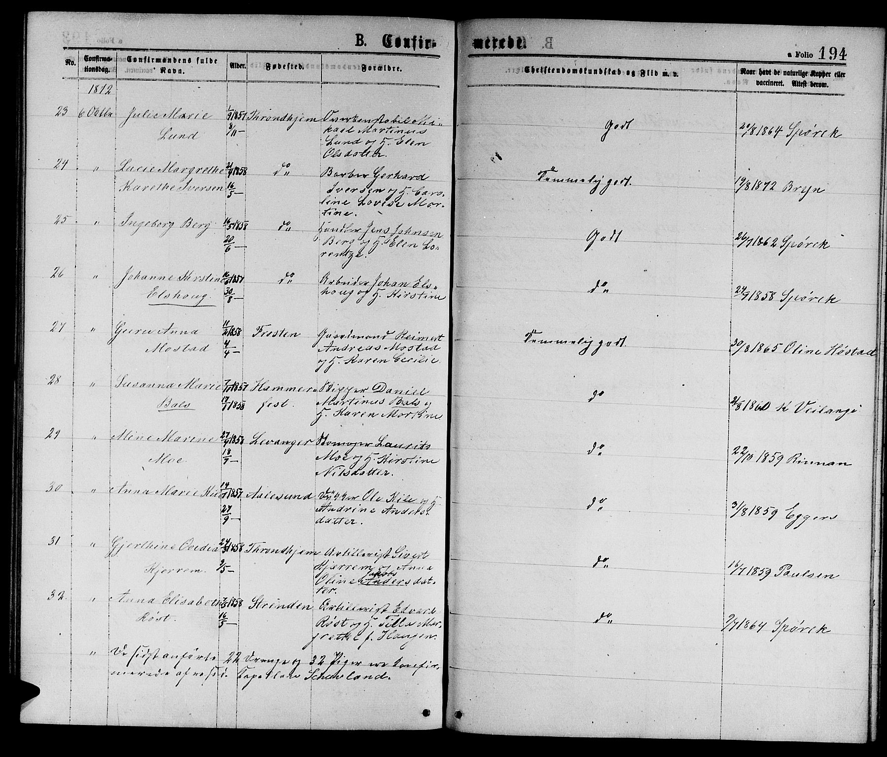 Ministerialprotokoller, klokkerbøker og fødselsregistre - Sør-Trøndelag, SAT/A-1456/601/L0088: Parish register (copy) no. 601C06, 1870-1878, p. 194