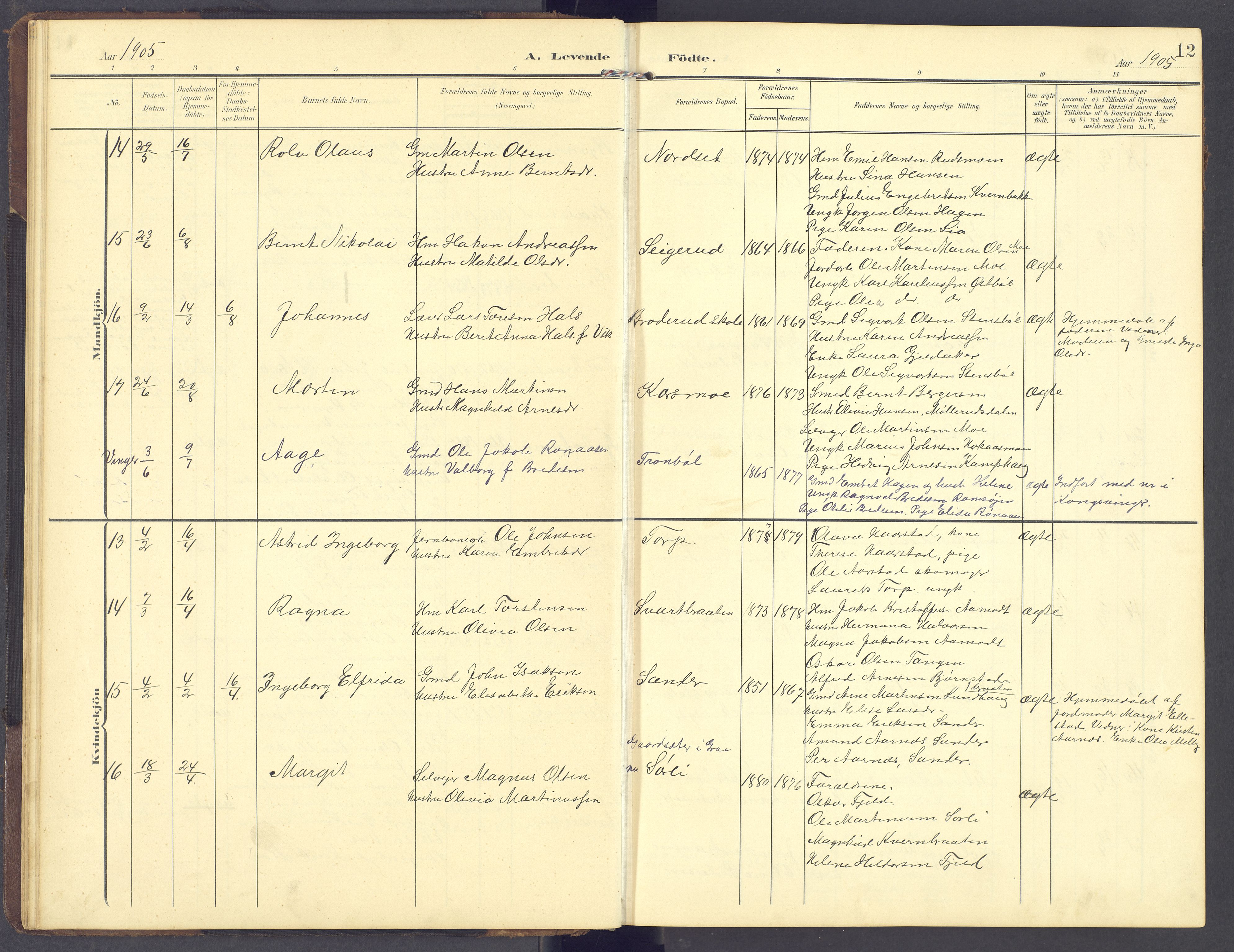 Brandval prestekontor, AV/SAH-PREST-034/H/Ha/Hab/L0003: Parish register (copy) no. 3, 1904-1917, p. 12