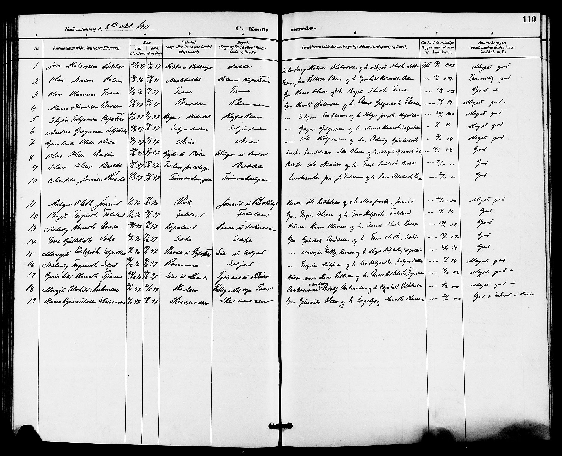 Gransherad kirkebøker, AV/SAKO-A-267/G/Ga/L0003: Parish register (copy) no. I 3, 1887-1915, p. 119