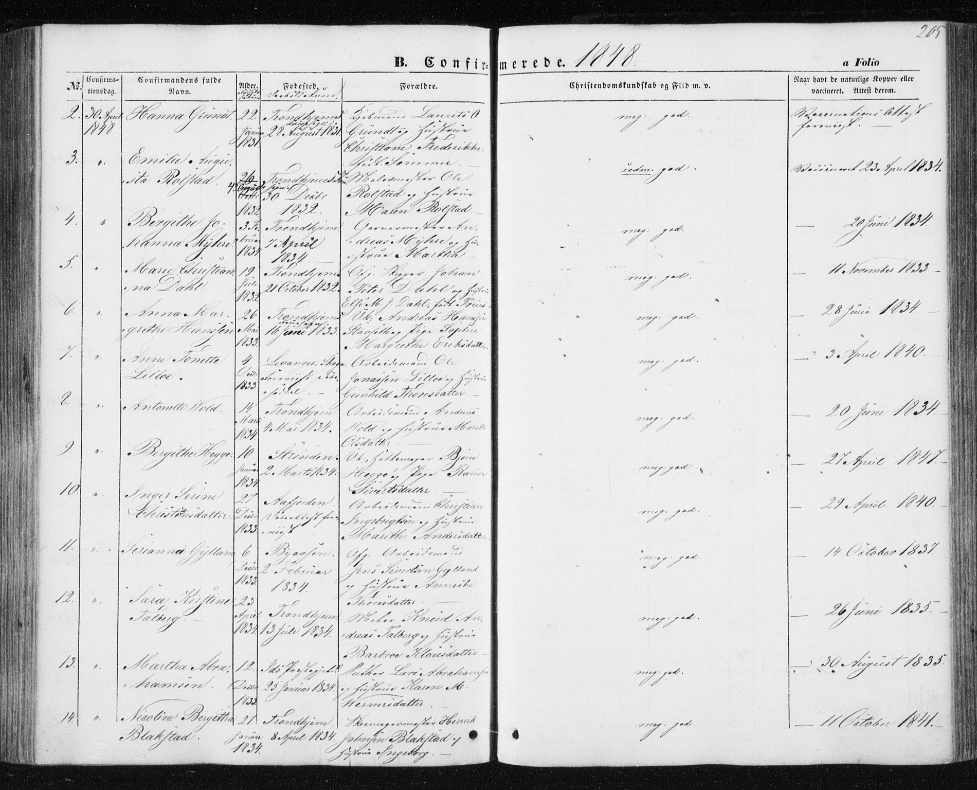 Ministerialprotokoller, klokkerbøker og fødselsregistre - Sør-Trøndelag, AV/SAT-A-1456/602/L0112: Parish register (official) no. 602A10, 1848-1859, p. 205