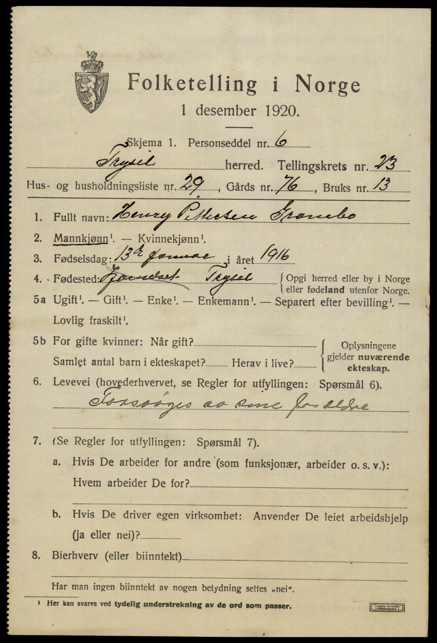SAH, 1920 census for Trysil, 1920, p. 15197