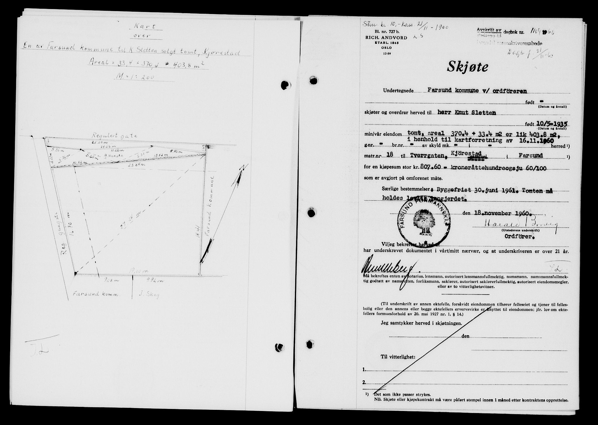 Lyngdal sorenskriveri, AV/SAK-1221-0004/G/Gb/L0680: Mortgage book no. A XXVI, 1960-1960, Diary no: : 1109/1960