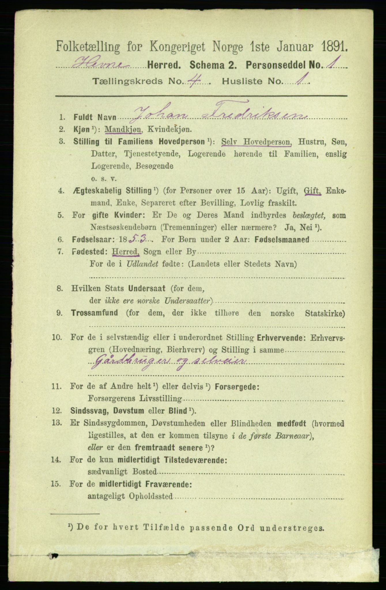 RA, 1891 census for 1612 Hemne, 1891, p. 1862