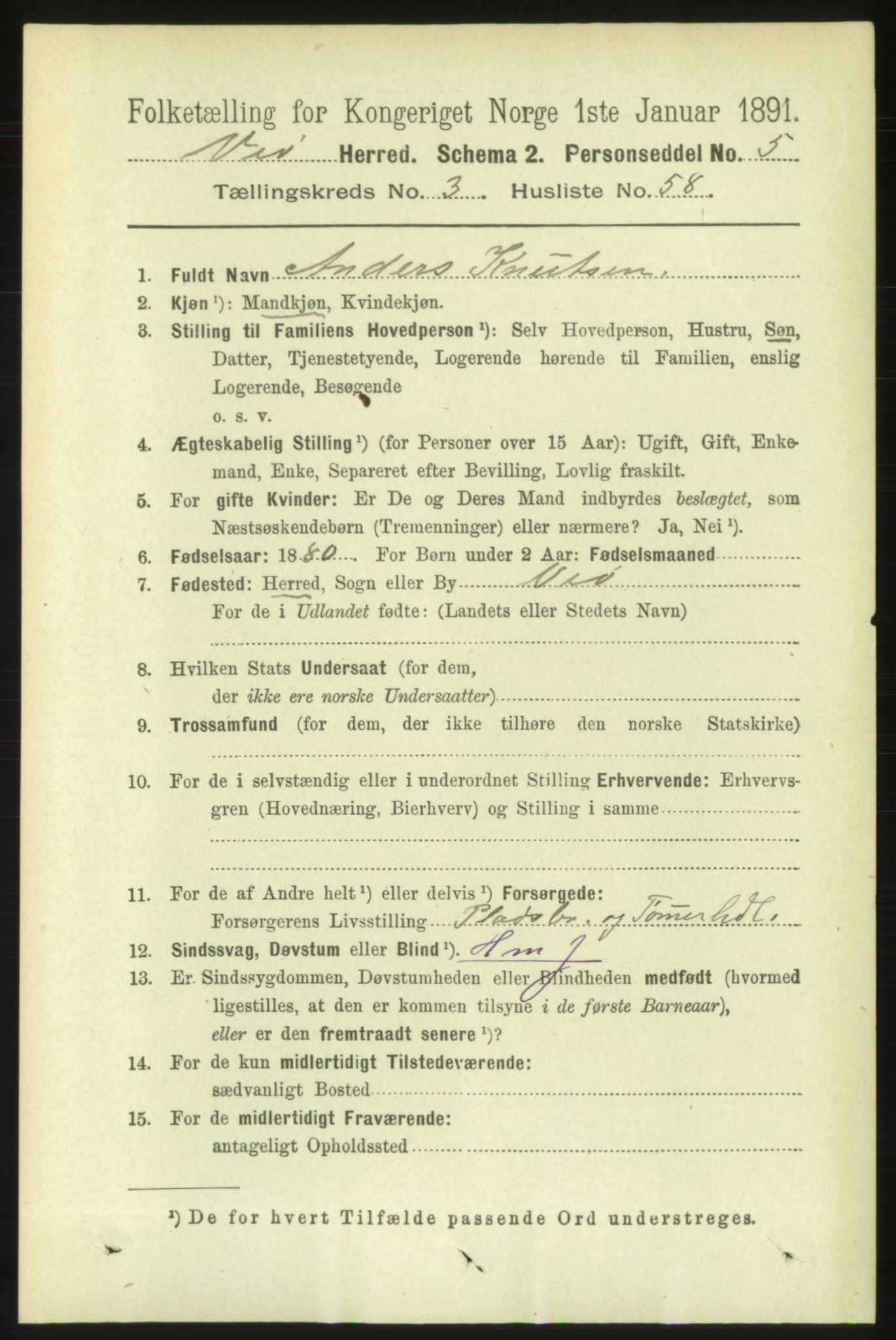 RA, 1891 census for 1541 Veøy, 1891, p. 1729