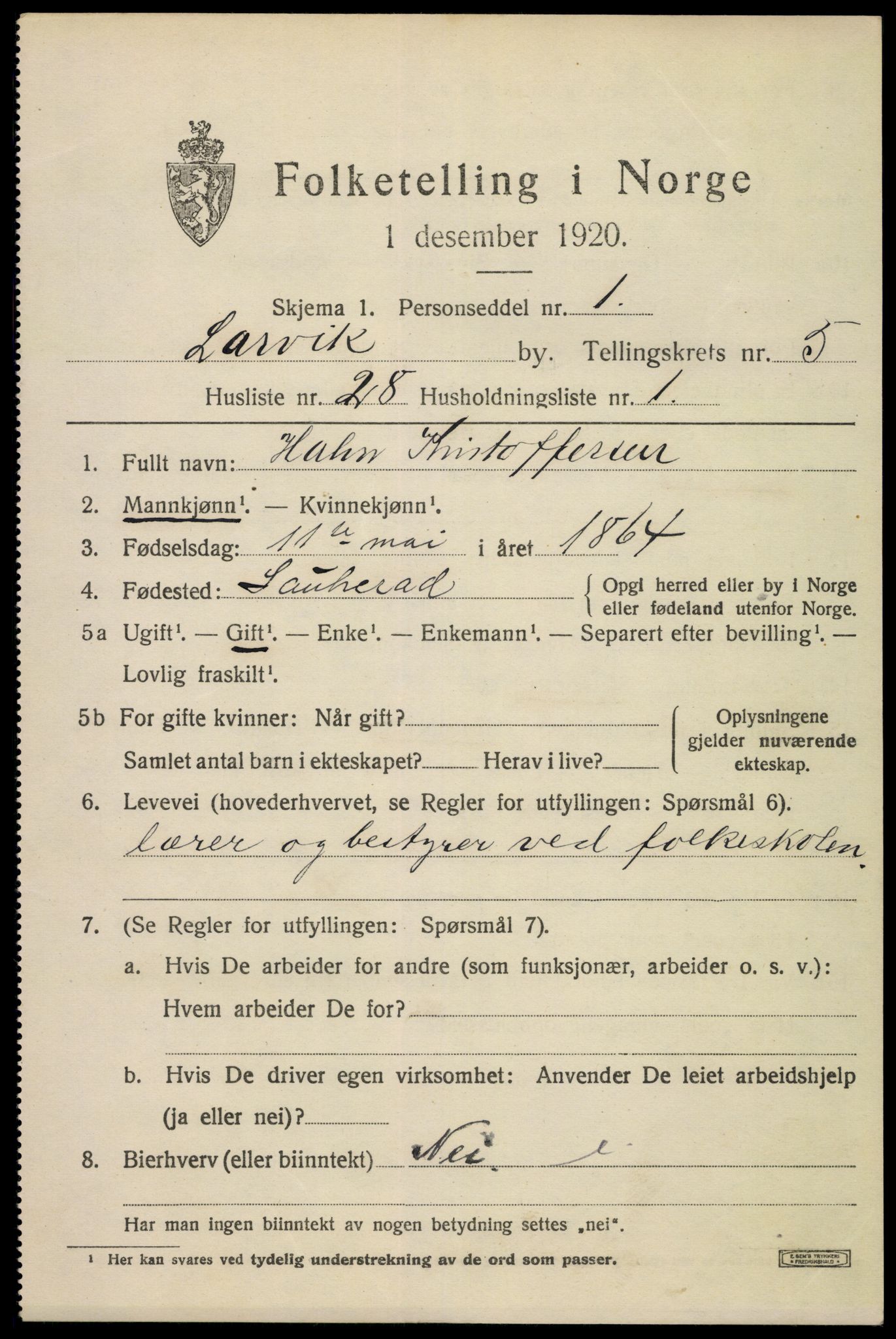 SAKO, 1920 census for Larvik, 1920, p. 16586