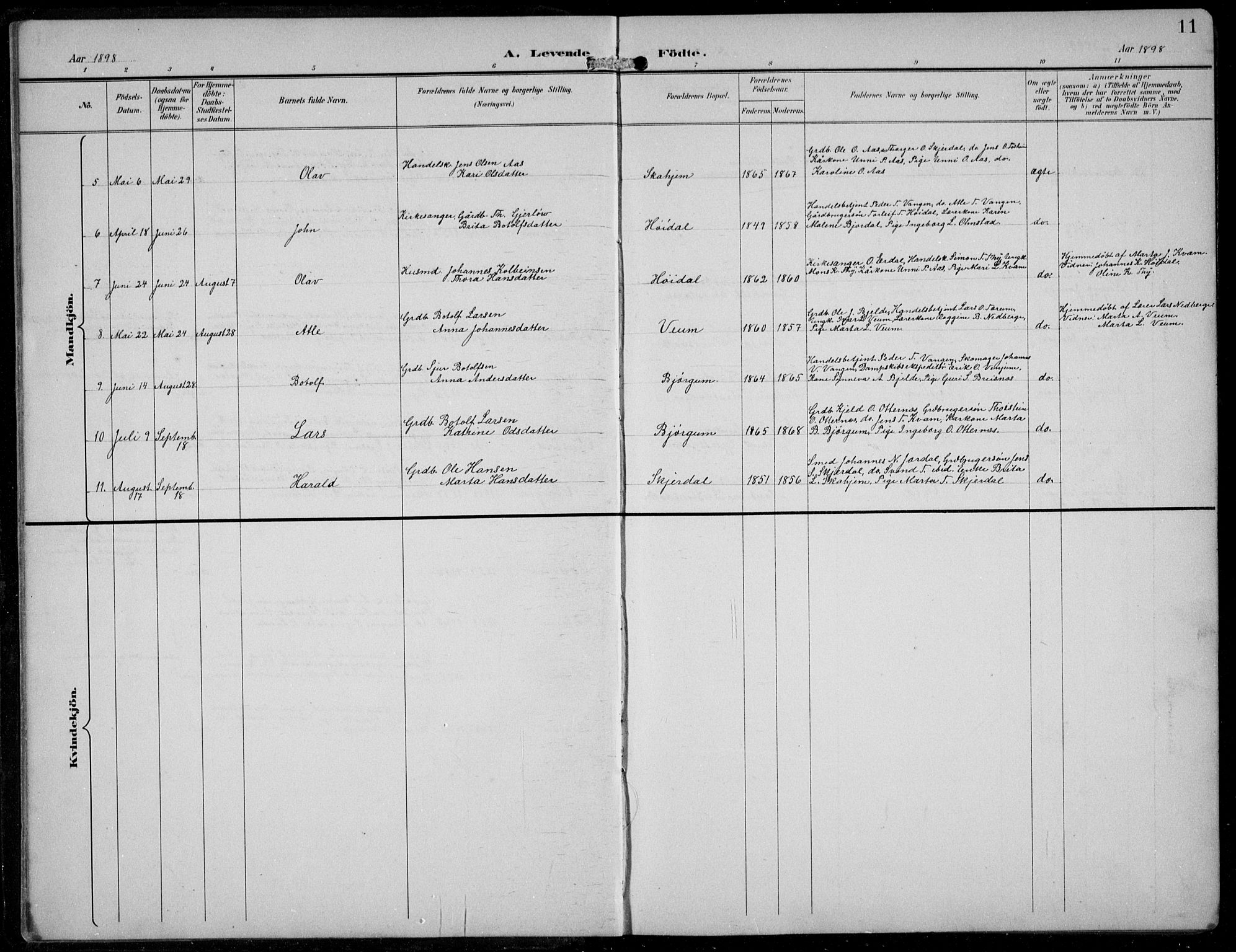 Aurland sokneprestembete, SAB/A-99937/H/Hb/Hba/L0003: Parish register (copy) no. A 3, 1896-1939, p. 11