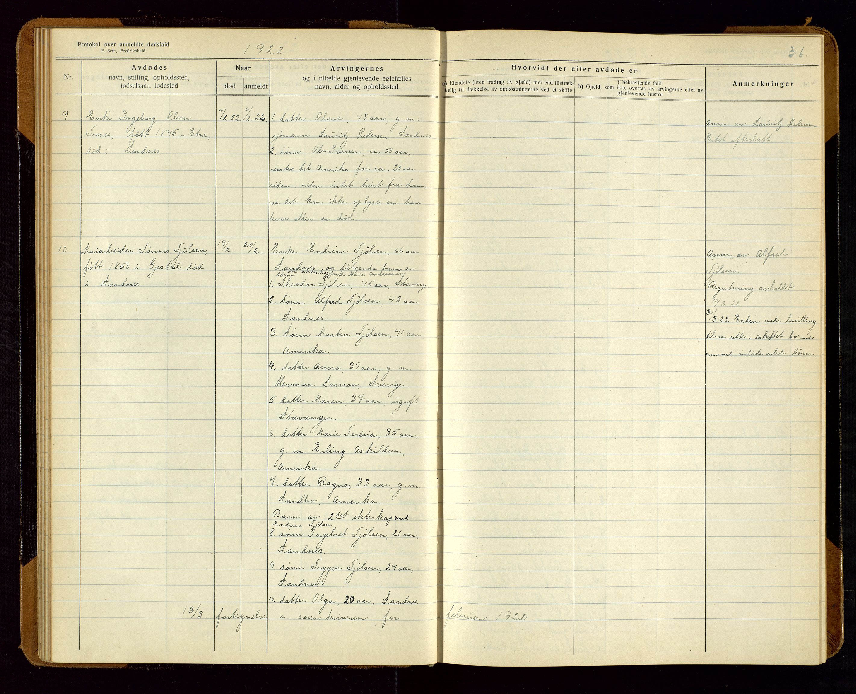 Sandnes lensmannskontor, SAST/A-100167/Gga/L0001: "Protokol over anmeldte dødsfald" m/register, 1918-1940, p. 36
