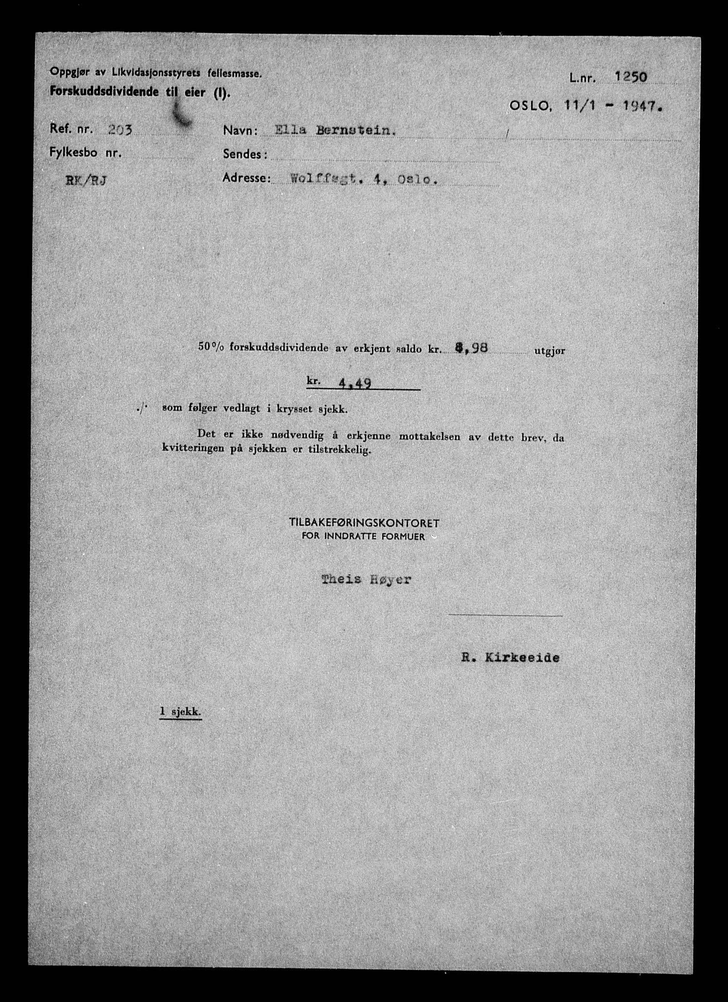 Justisdepartementet, Tilbakeføringskontoret for inndratte formuer, AV/RA-S-1564/H/Hc/Hcc/L0922: --, 1945-1947, p. 5