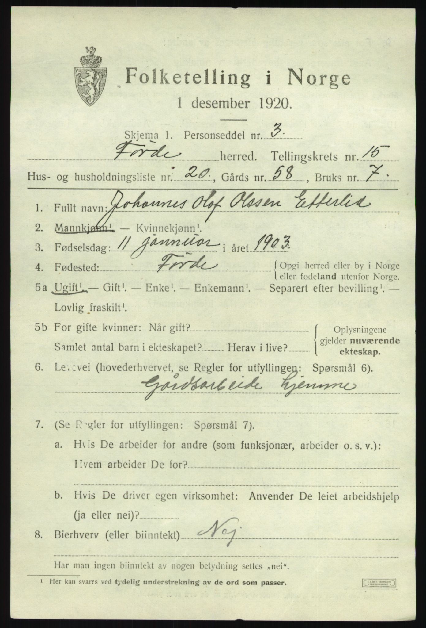 SAB, 1920 census for Førde, 1920, p. 5348