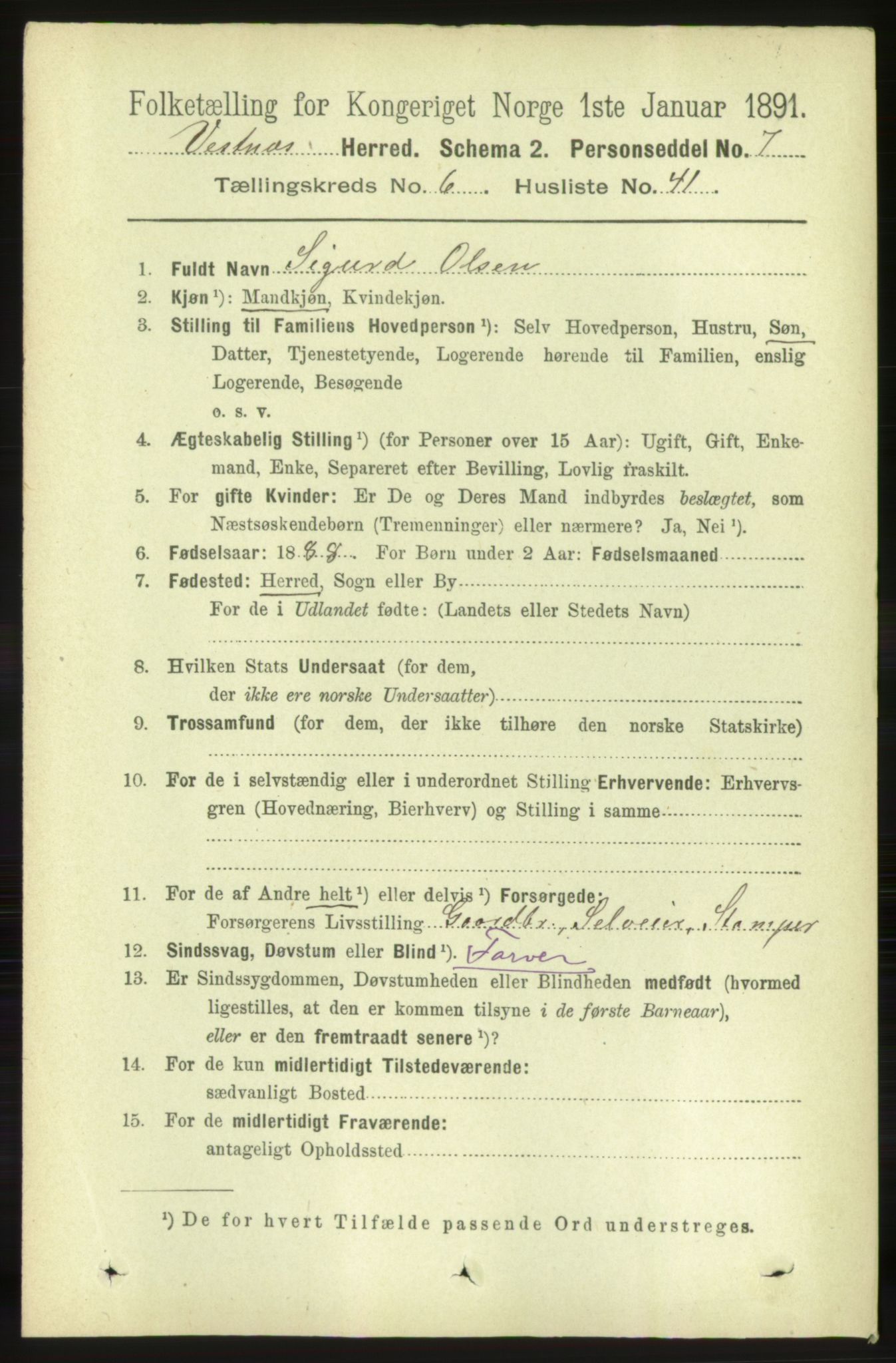 RA, 1891 census for 1535 Vestnes, 1891, p. 2425