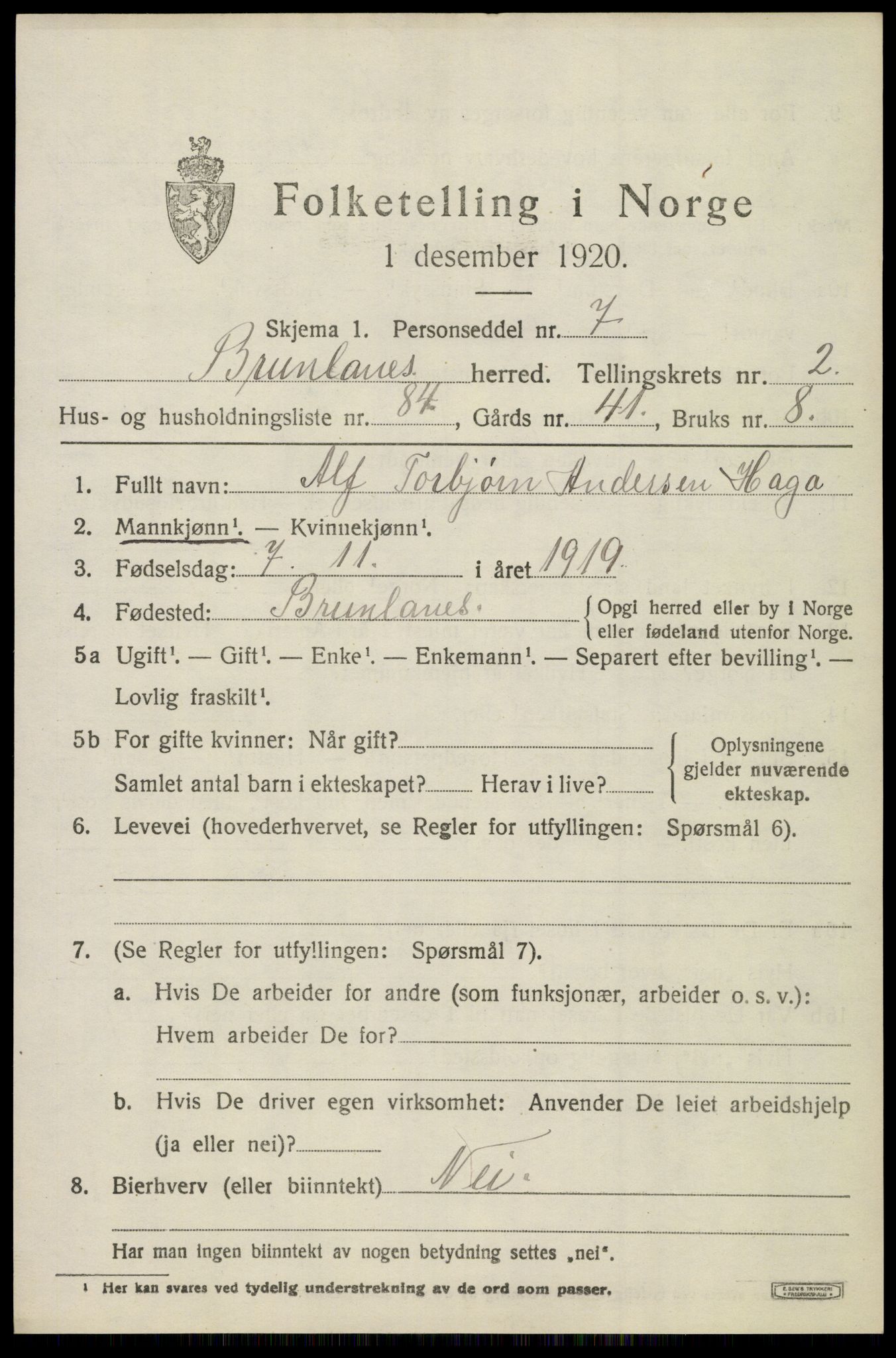 SAKO, 1920 census for Brunlanes, 1920, p. 4455