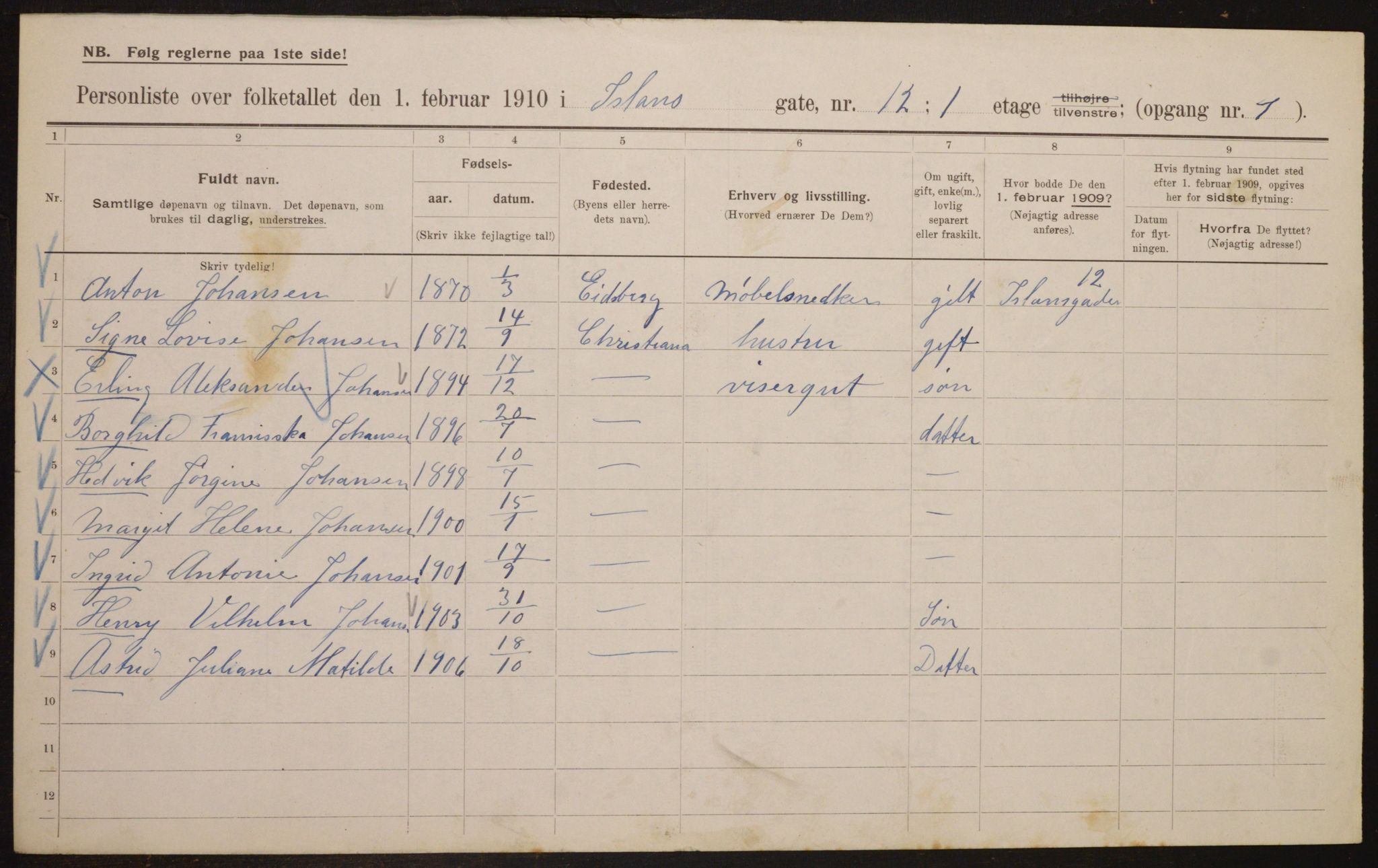 OBA, Municipal Census 1910 for Kristiania, 1910, p. 43571