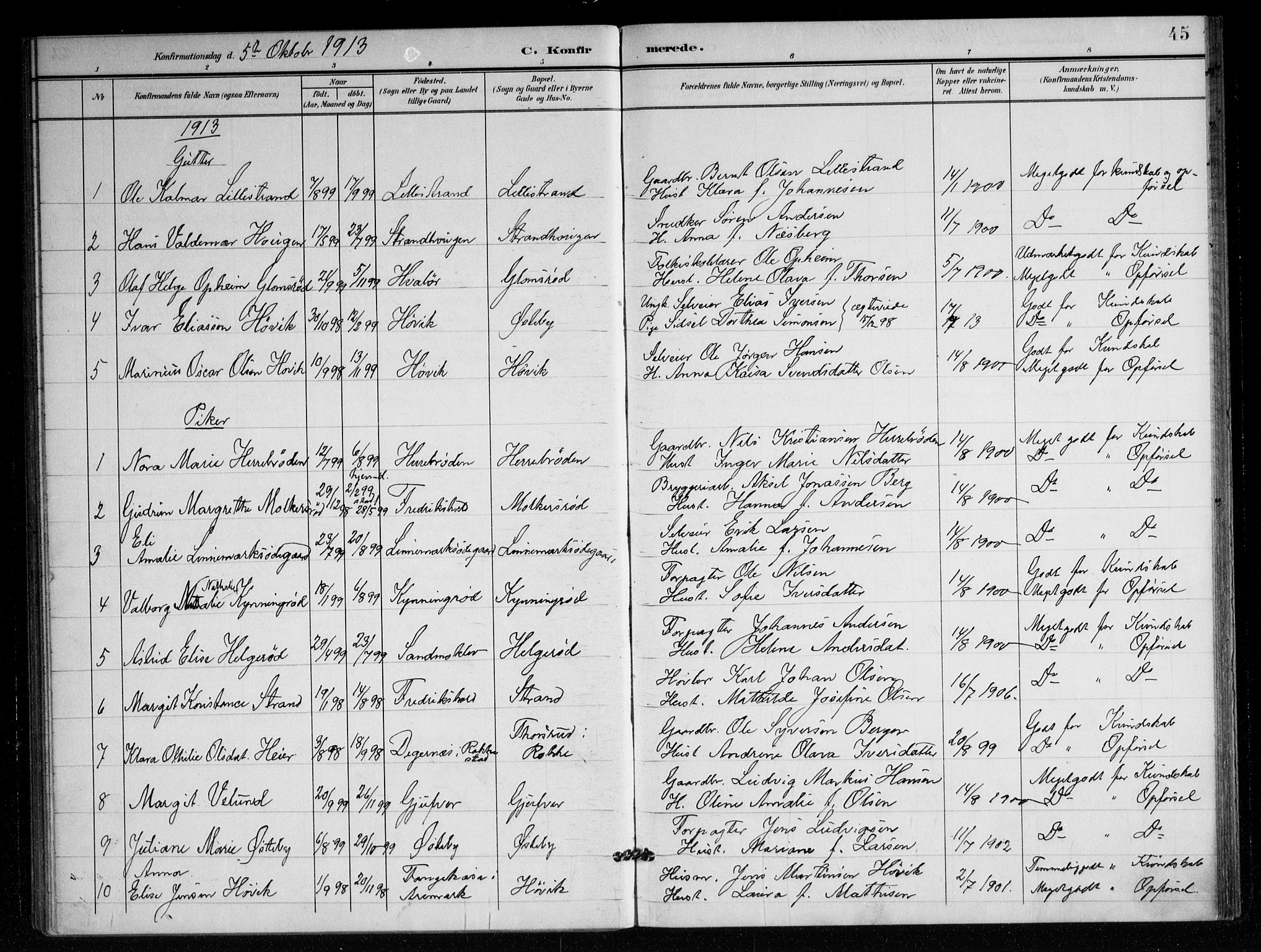 Berg prestekontor Kirkebøker, AV/SAO-A-10902/F/Fc/L0003: Parish register (official) no. III 3, 1902-1916, p. 45