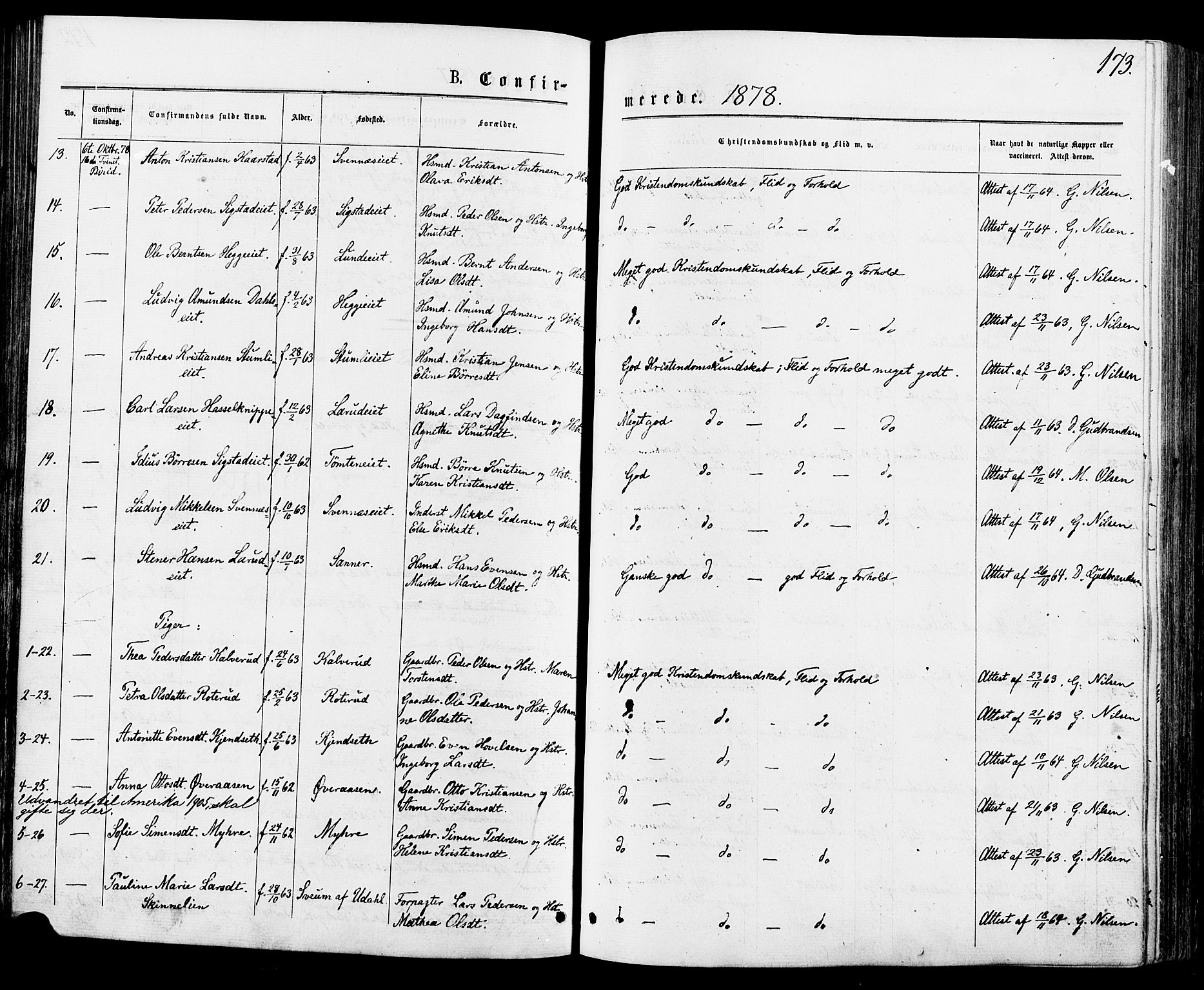 Biri prestekontor, AV/SAH-PREST-096/H/Ha/Haa/L0006: Parish register (official) no. 6, 1877-1886, p. 173