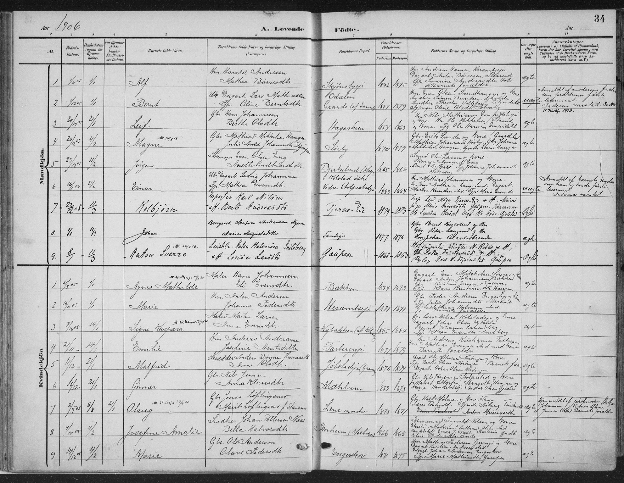 Ringsaker prestekontor, SAH/PREST-014/K/Ka/L0018: Parish register (official) no. 18, 1903-1912, p. 34
