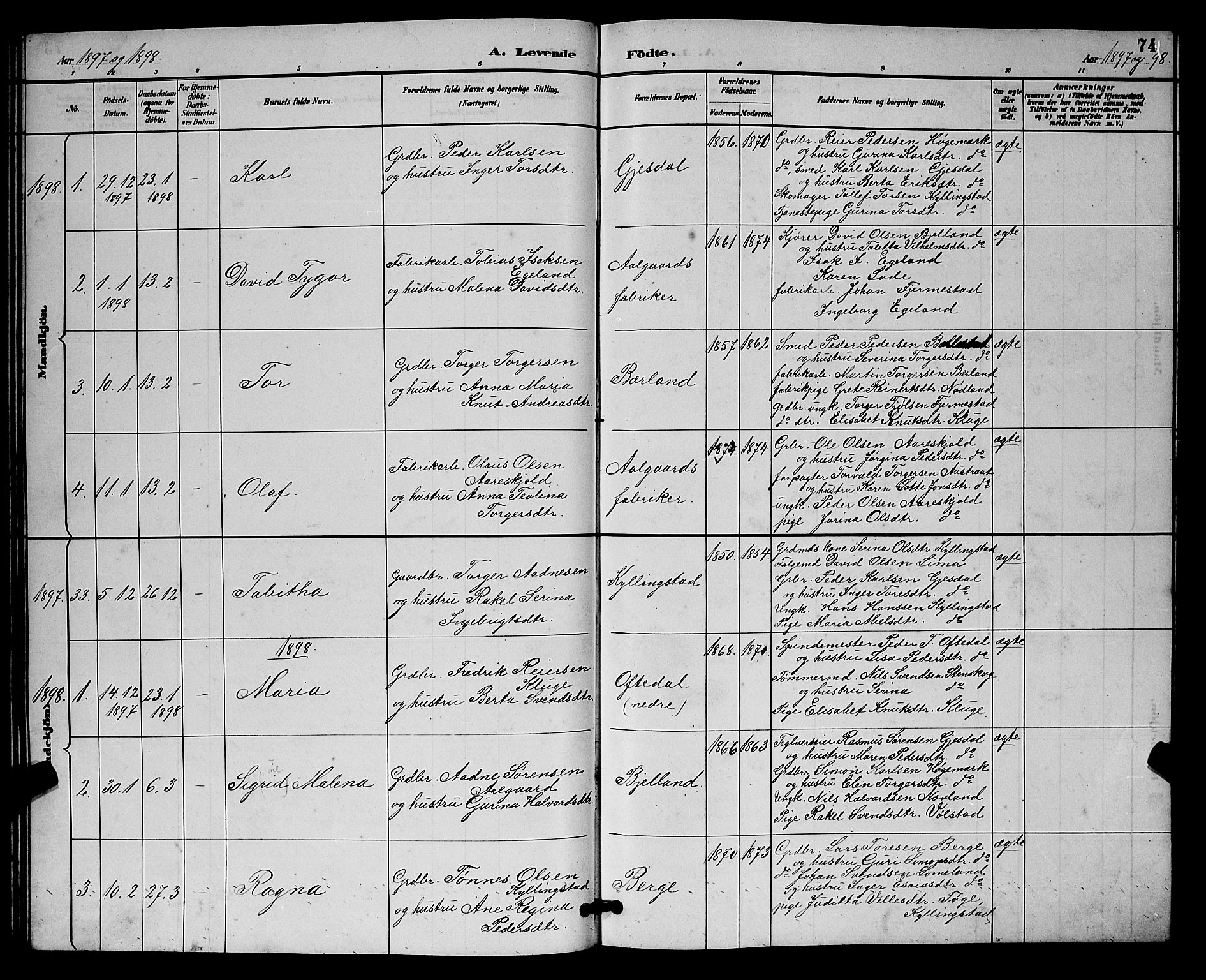 Lye sokneprestkontor, SAST/A-101794/001/30BB/L0008: Parish register (copy) no. B 7, 1887-1901, p. 74