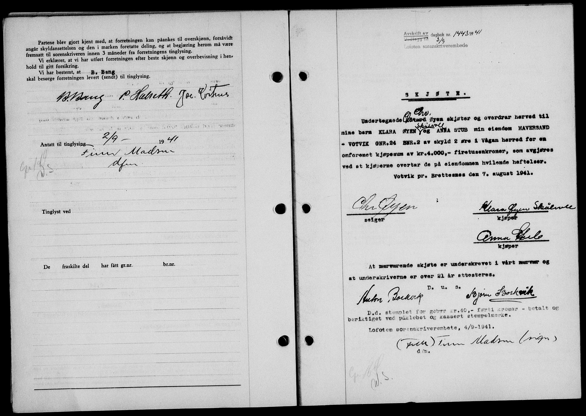 Lofoten sorenskriveri, SAT/A-0017/1/2/2C/L0008a: Mortgage book no. 8a, 1940-1941, Diary no: : 1443/1941