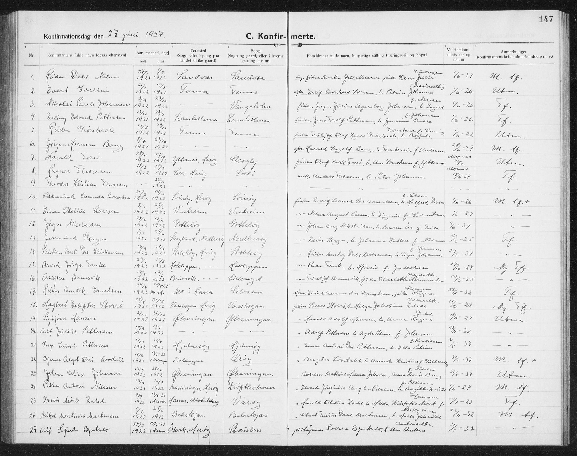 Ministerialprotokoller, klokkerbøker og fødselsregistre - Nordland, SAT/A-1459/834/L0517: Parish register (copy) no. 834C07, 1919-1939, p. 147