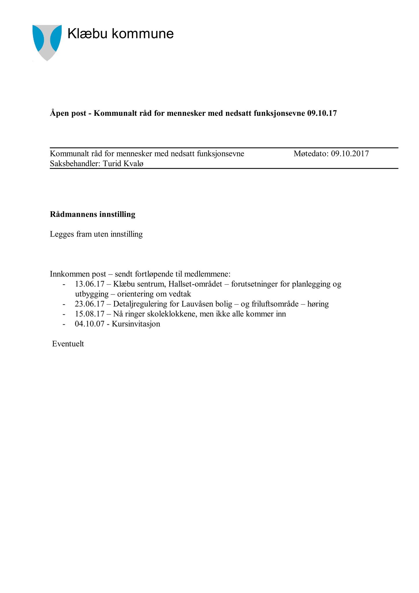Klæbu Kommune, TRKO/KK/08-KMNF/L007: Kommunalt råd for mennesker med nedsatt funksjonsevne - Møteoversikt, 2017, p. 13