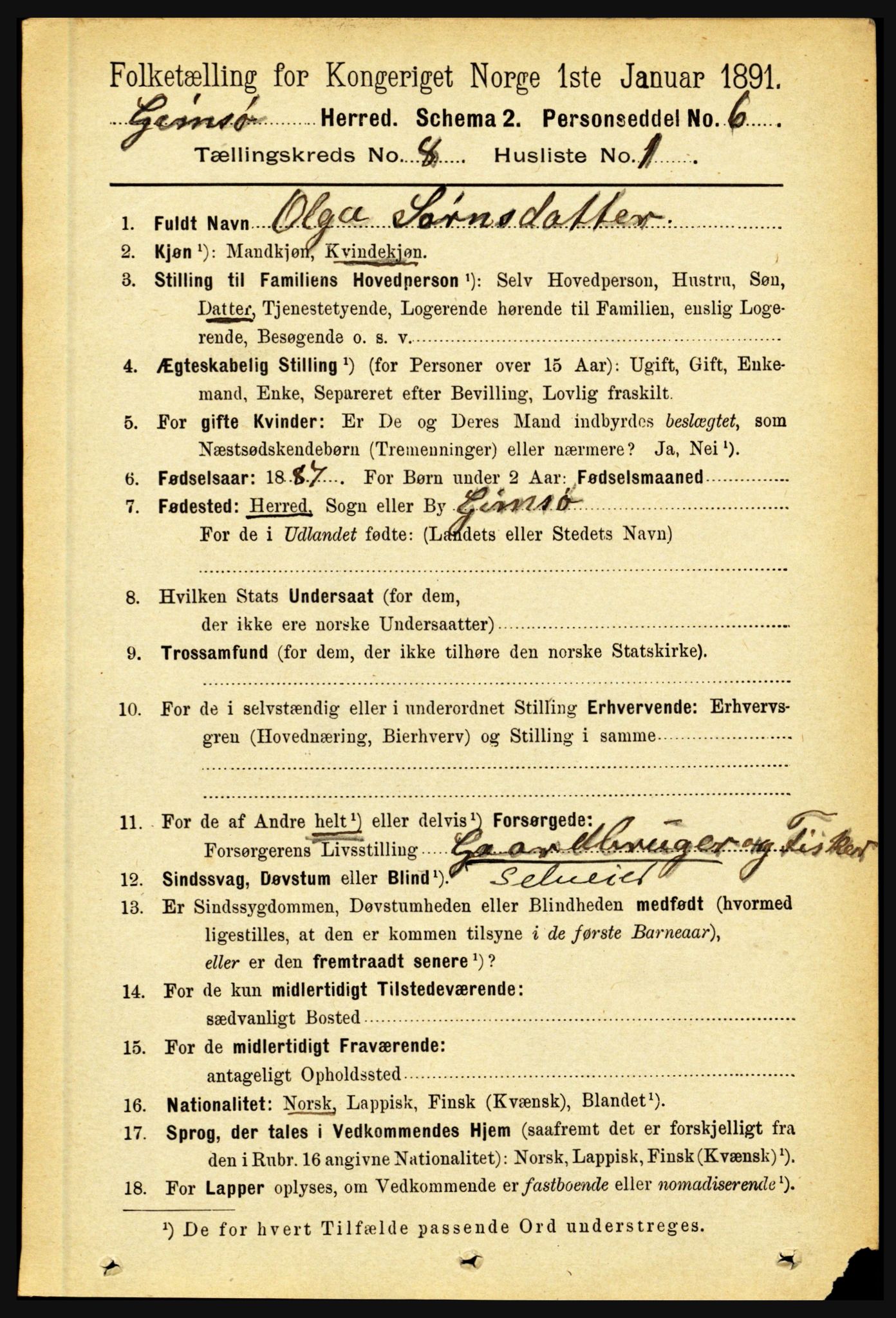 RA, 1891 census for 1864 Gimsøy, 1891, p. 1418