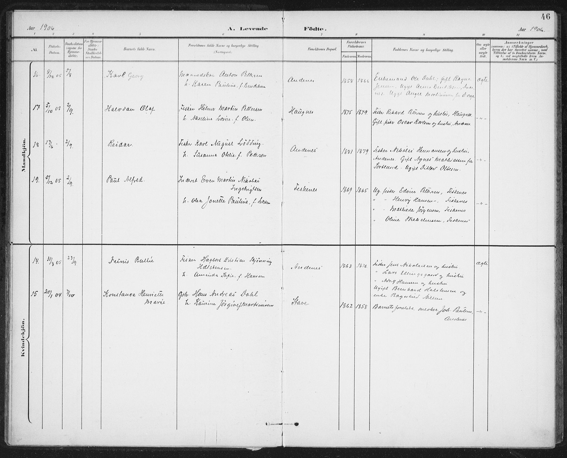 Ministerialprotokoller, klokkerbøker og fødselsregistre - Nordland, AV/SAT-A-1459/899/L1437: Parish register (official) no. 899A05, 1897-1908, p. 46