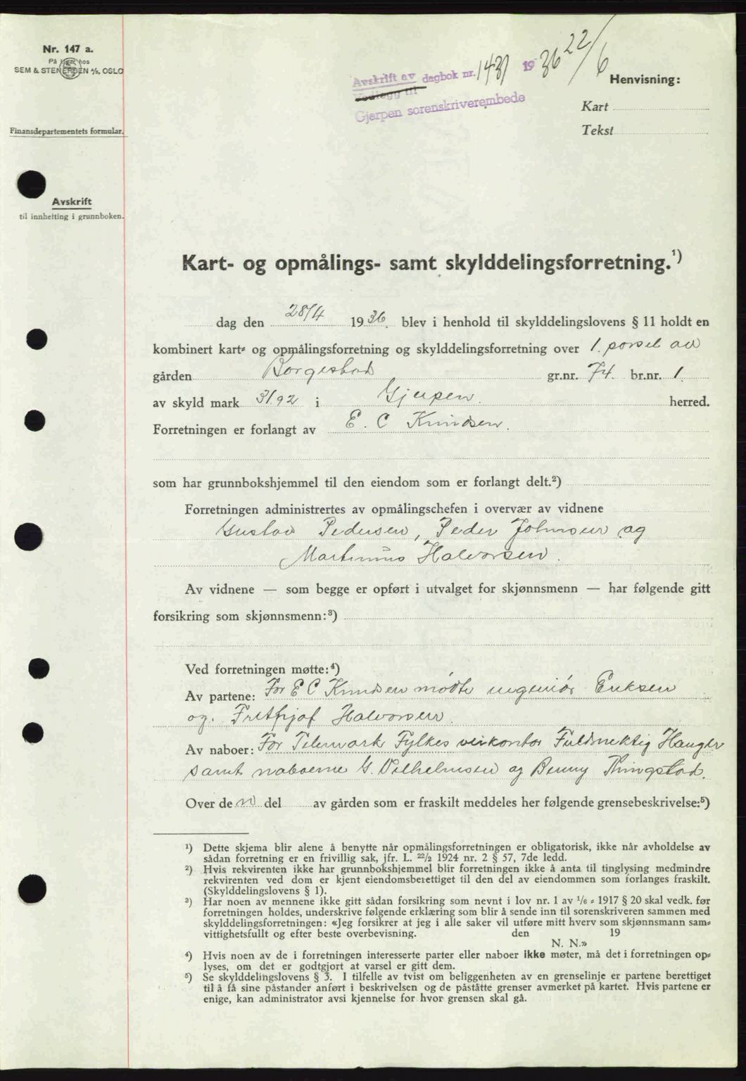 Gjerpen sorenskriveri, AV/SAKO-A-216/G/Ga/Gae/L0067: Mortgage book no. A-66 - A-68, 1936-1937, Diary no: : 1431/1936