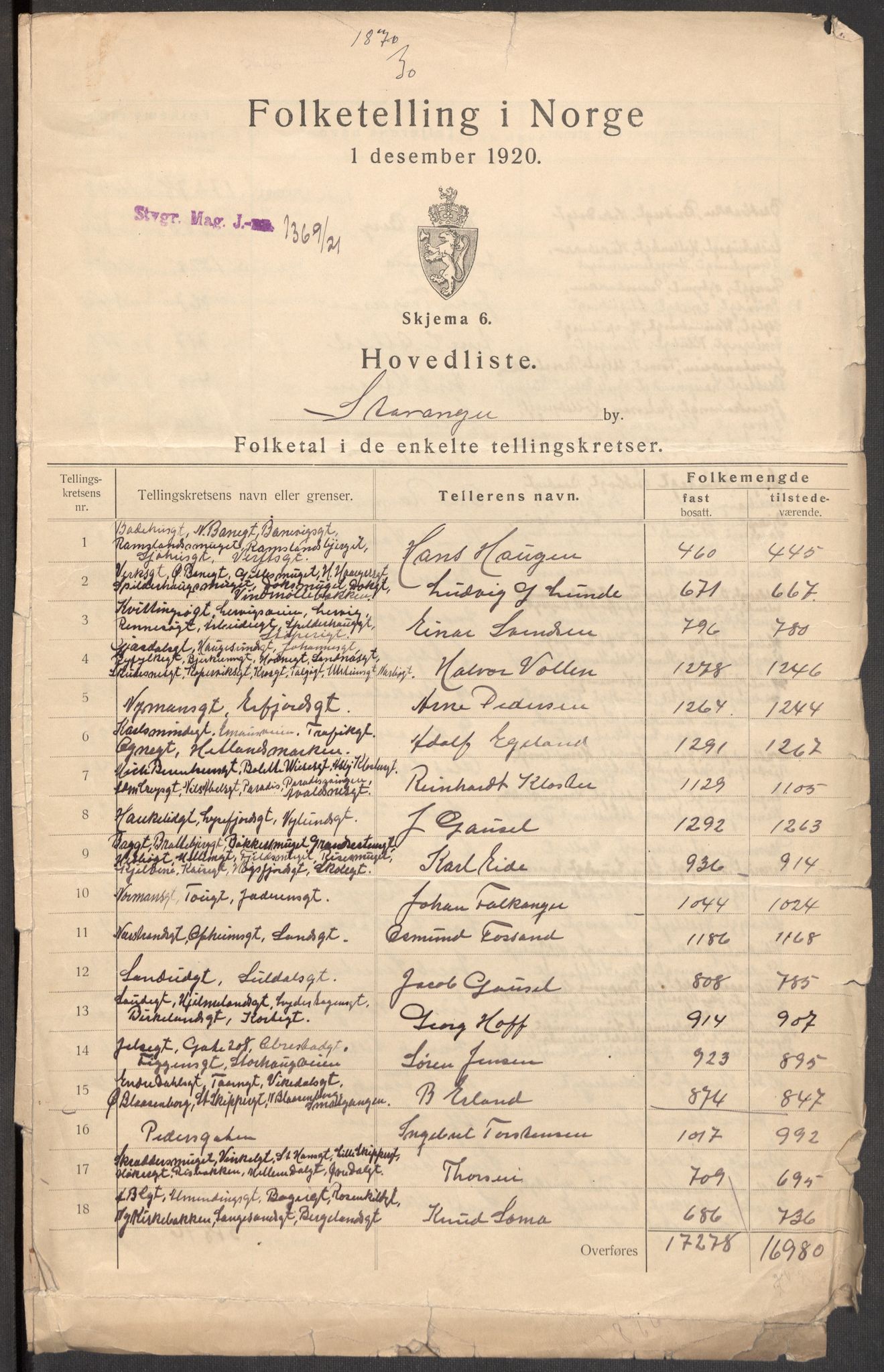 SAST, 1920 census for Stavanger, 1920, p. 4