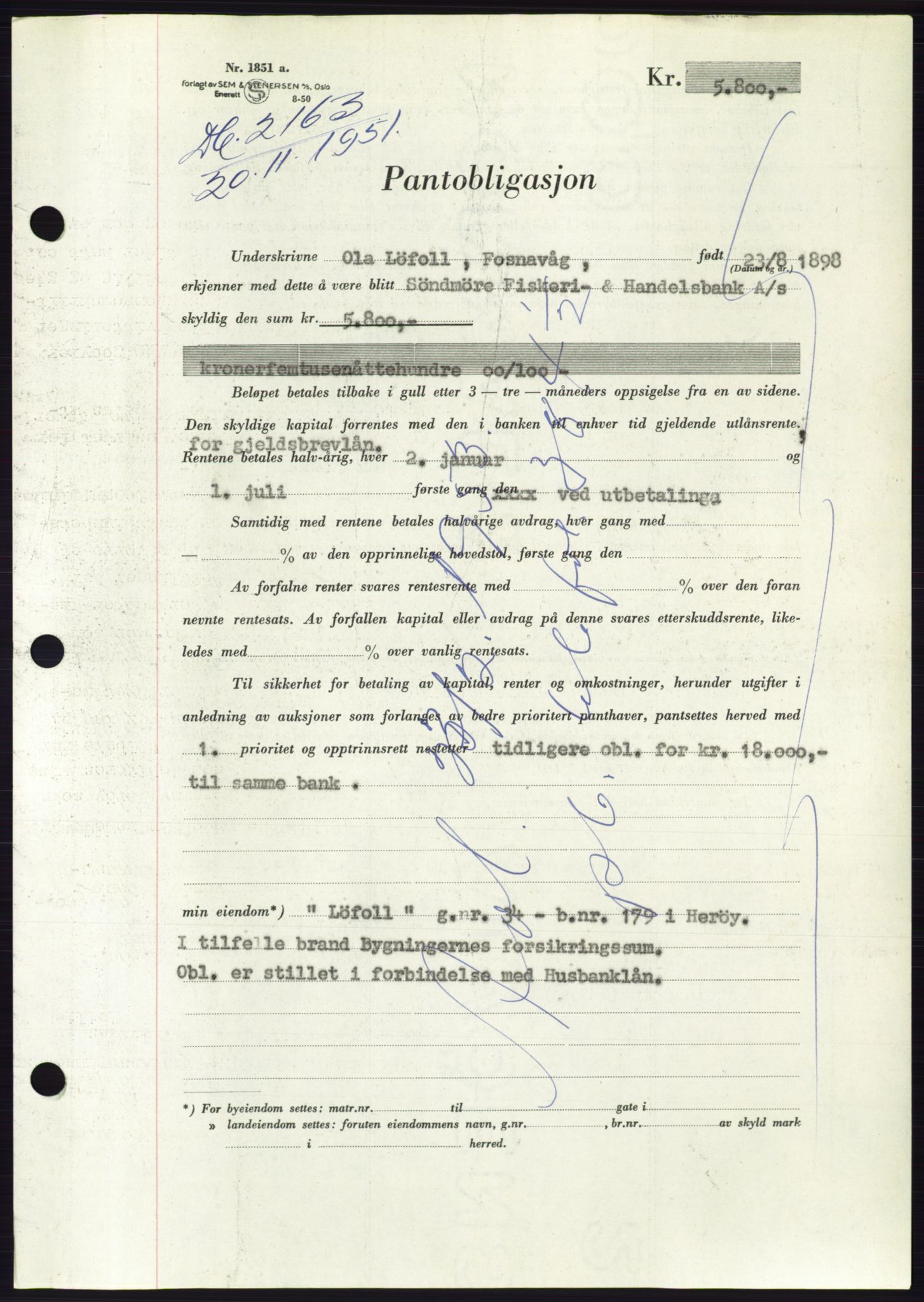 Søre Sunnmøre sorenskriveri, AV/SAT-A-4122/1/2/2C/L0120: Mortgage book no. 8B, 1951-1951, Diary no: : 2163/1951