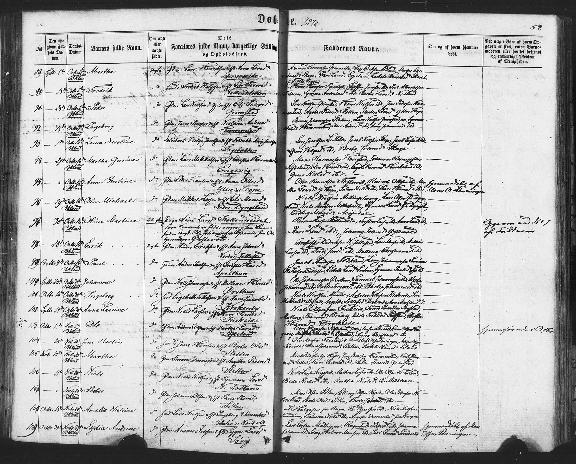 Fana Sokneprestembete, AV/SAB-A-75101/H/Haa/Haaa/L0012: Parish register (official) no. A 12, 1862-1878, p. 52