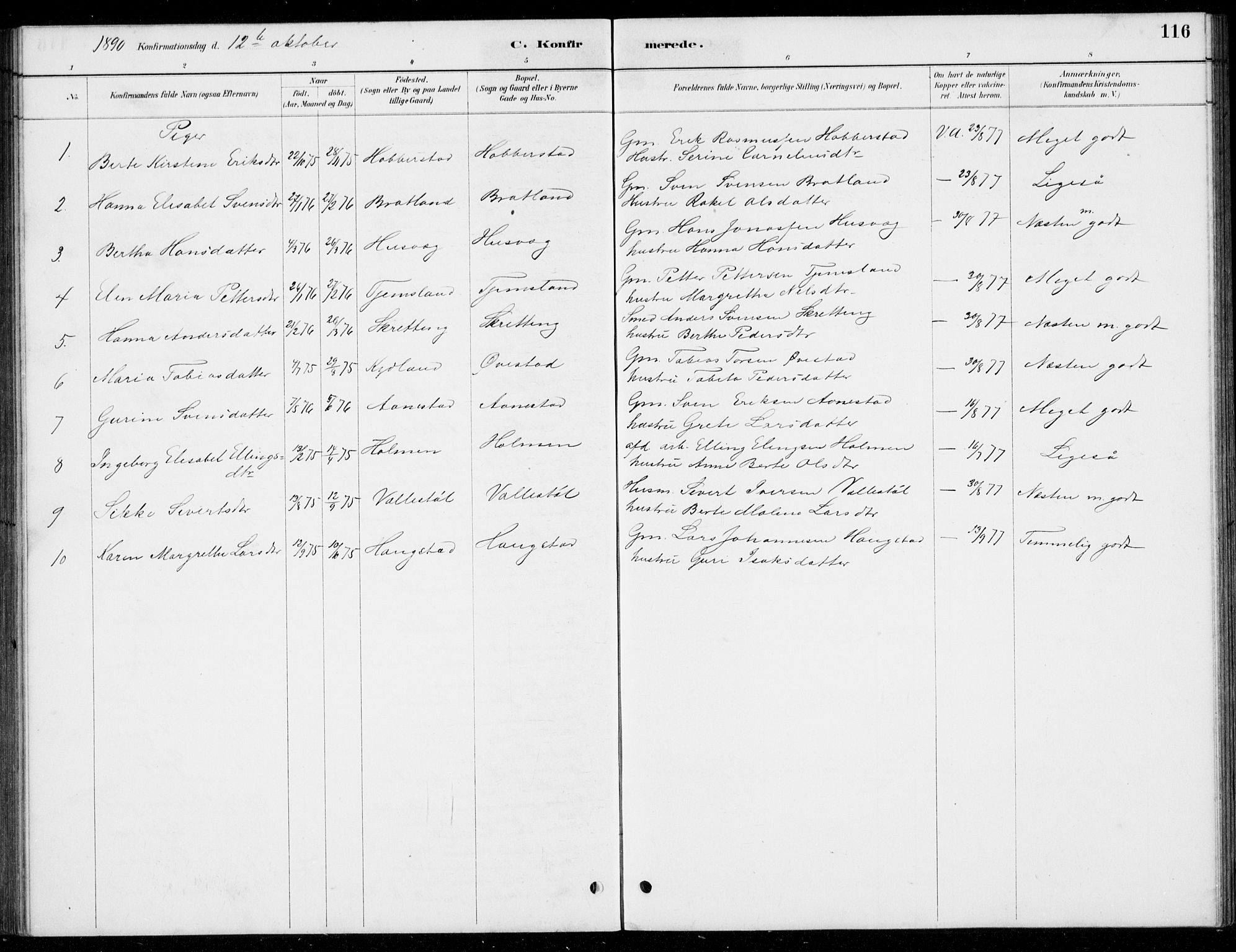 Hå sokneprestkontor, AV/SAST-A-101801/001/30BB/L0004: Parish register (copy) no. B 4, 1883-1899, p. 116