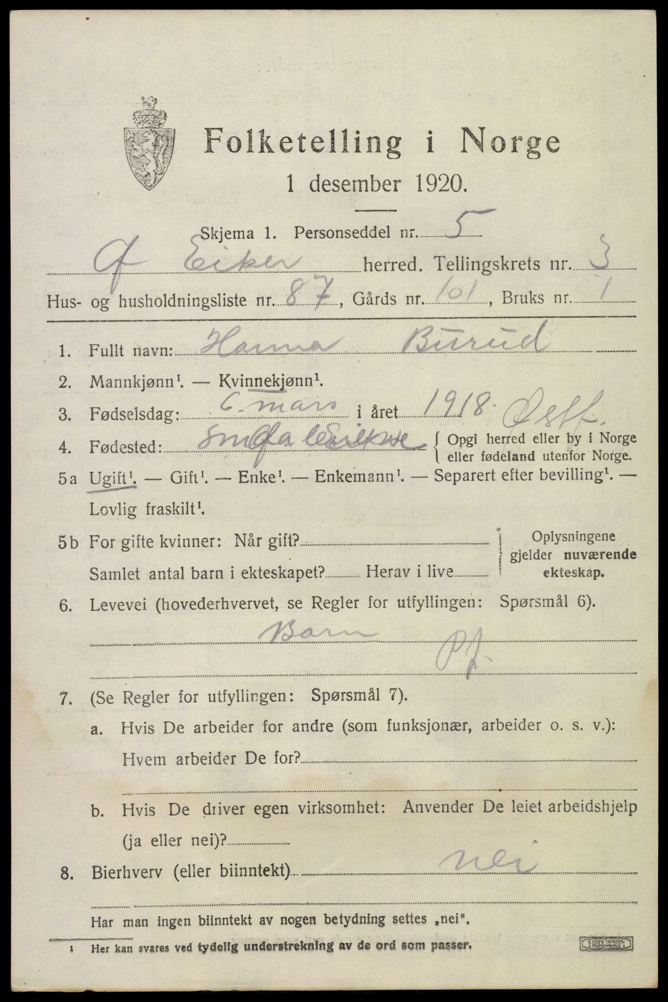 SAKO, 1920 census for Øvre Eiker, 1920, p. 9076