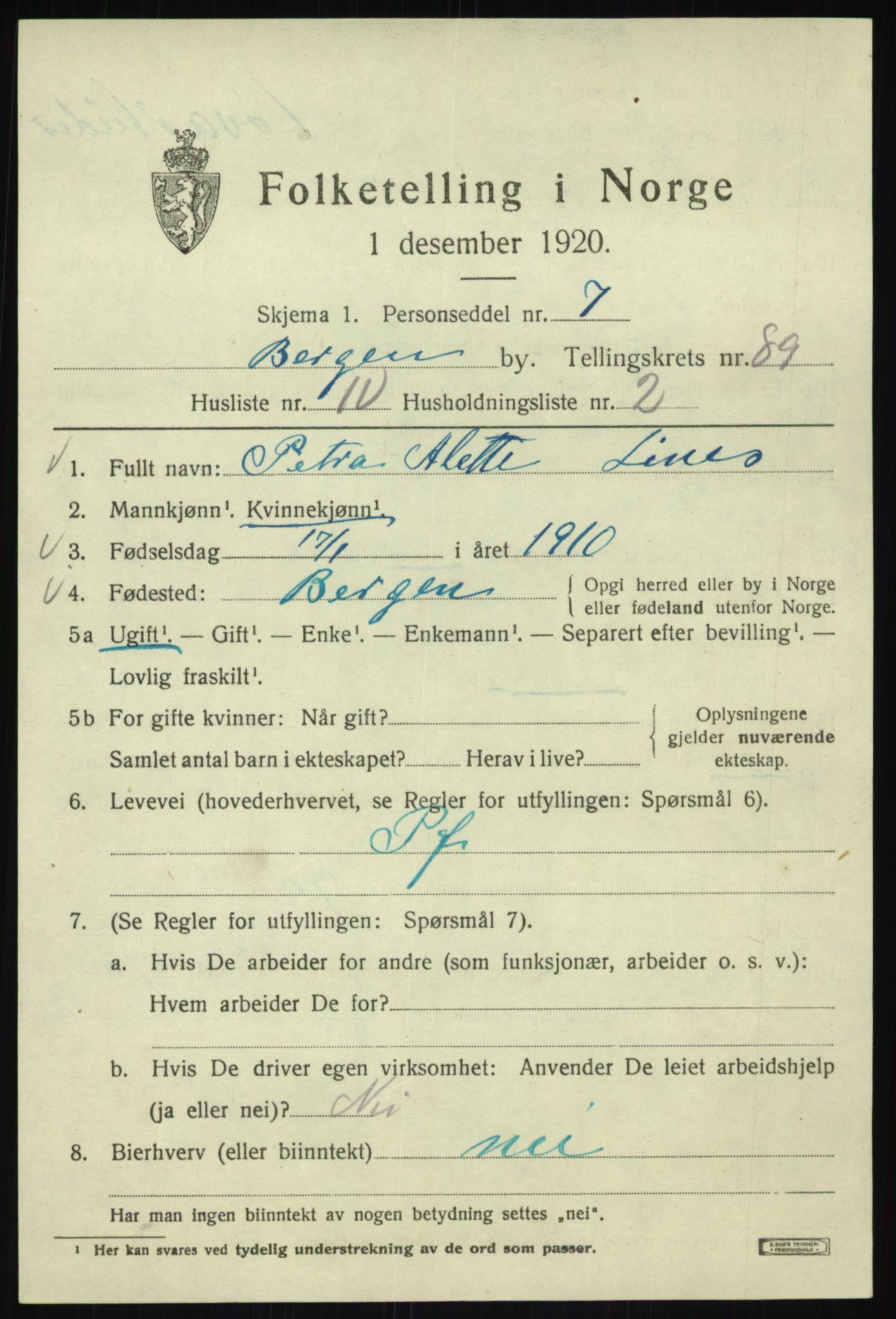 SAB, 1920 census for Bergen, 1920, p. 162285