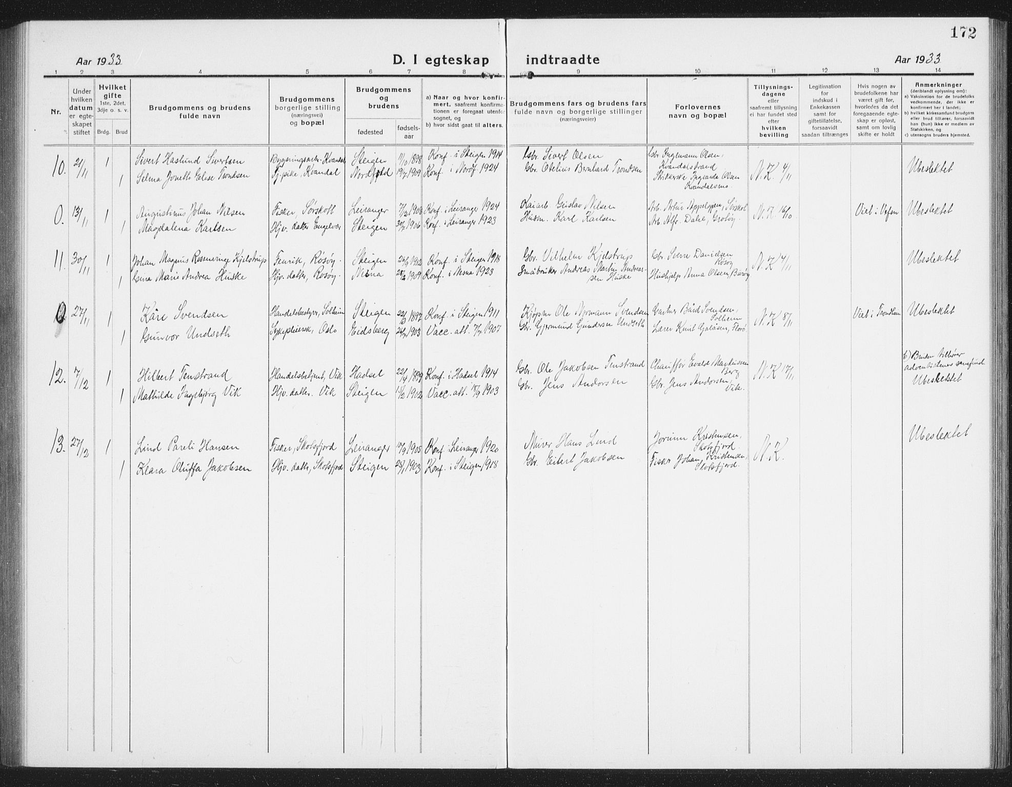 Ministerialprotokoller, klokkerbøker og fødselsregistre - Nordland, AV/SAT-A-1459/855/L0817: Parish register (copy) no. 855C06, 1917-1934, p. 172