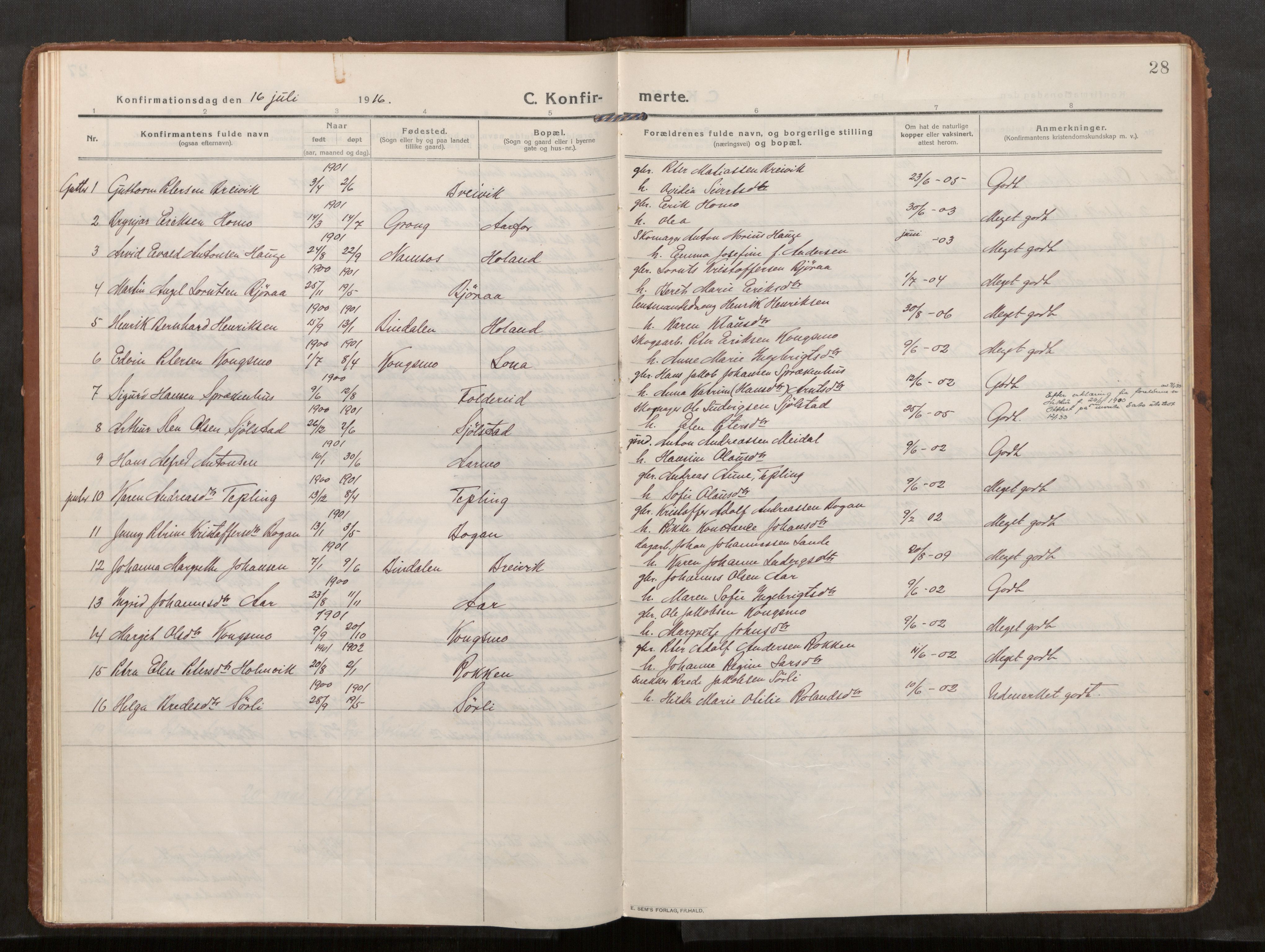 Kolvereid sokneprestkontor, SAT/A-1171/H/Ha/Haa/L0002: Parish register (official) no. 2, 1914-1926, p. 28