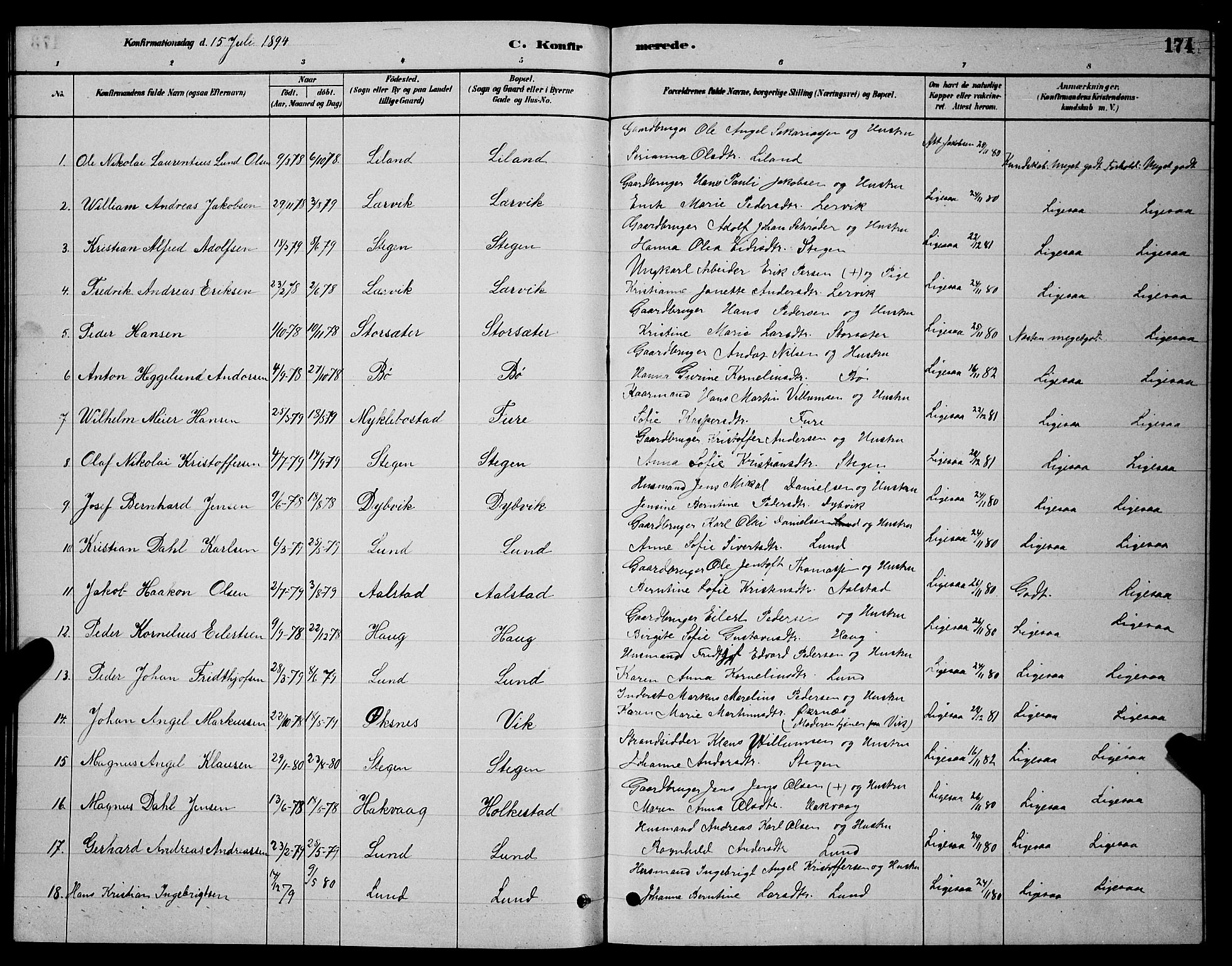 Ministerialprotokoller, klokkerbøker og fødselsregistre - Nordland, AV/SAT-A-1459/855/L0816: Parish register (copy) no. 855C05, 1879-1894, p. 174