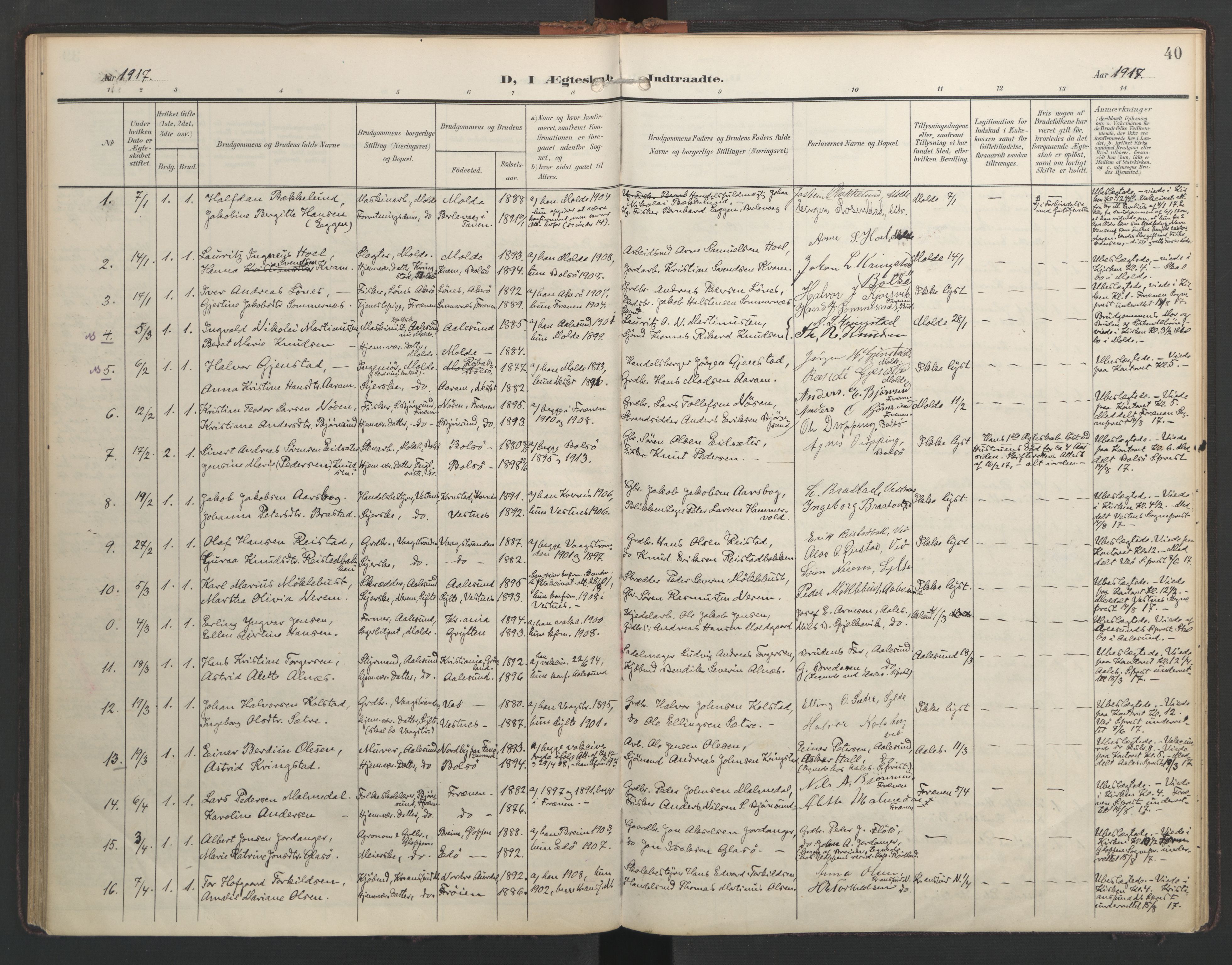 Ministerialprotokoller, klokkerbøker og fødselsregistre - Møre og Romsdal, AV/SAT-A-1454/558/L0694: Parish register (official) no. 558A08, 1907-1922, p. 40