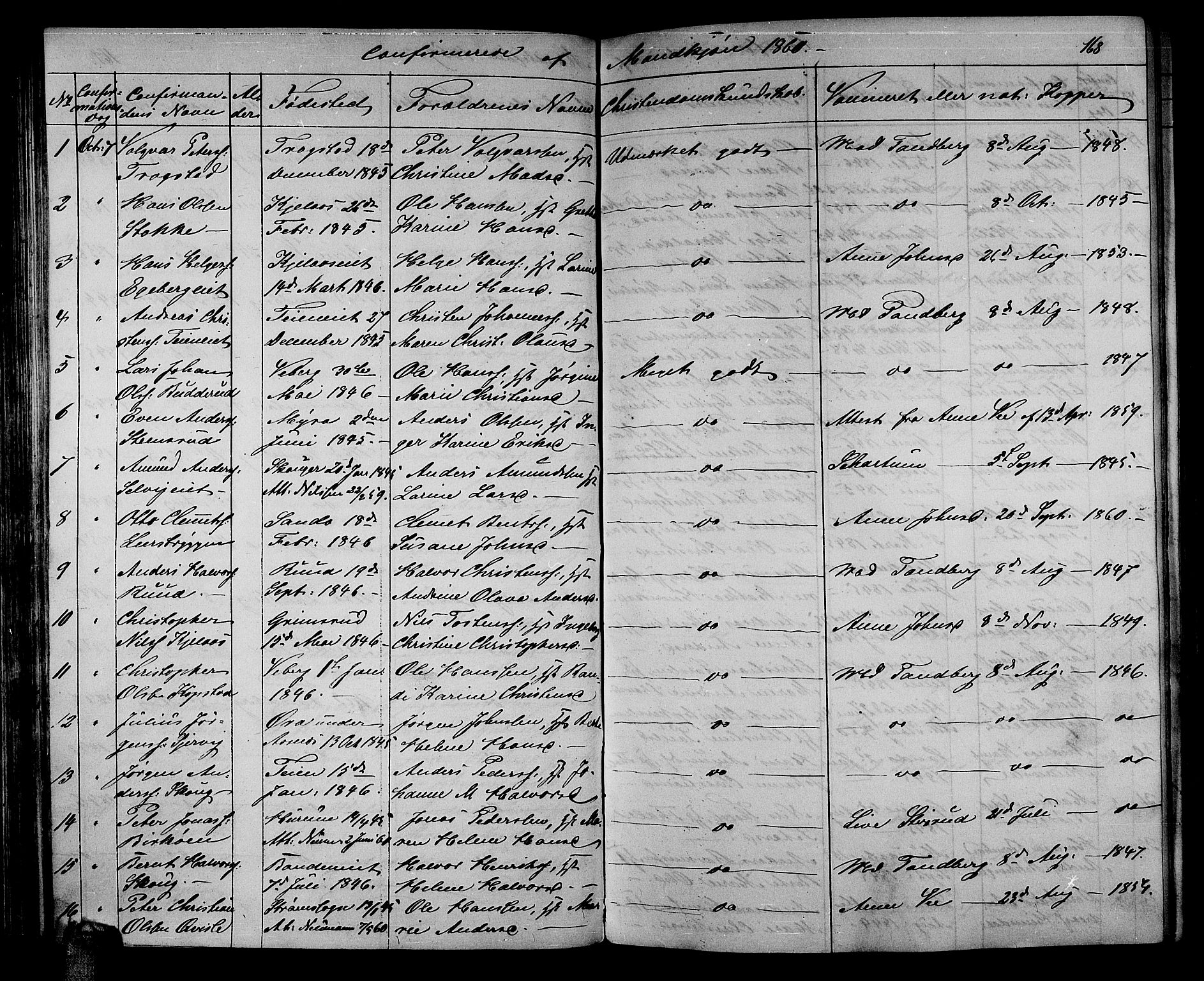 Sande Kirkebøker, AV/SAKO-A-53/G/Ga/L0002: Parish register (copy) no. 2, 1847-1863, p. 168