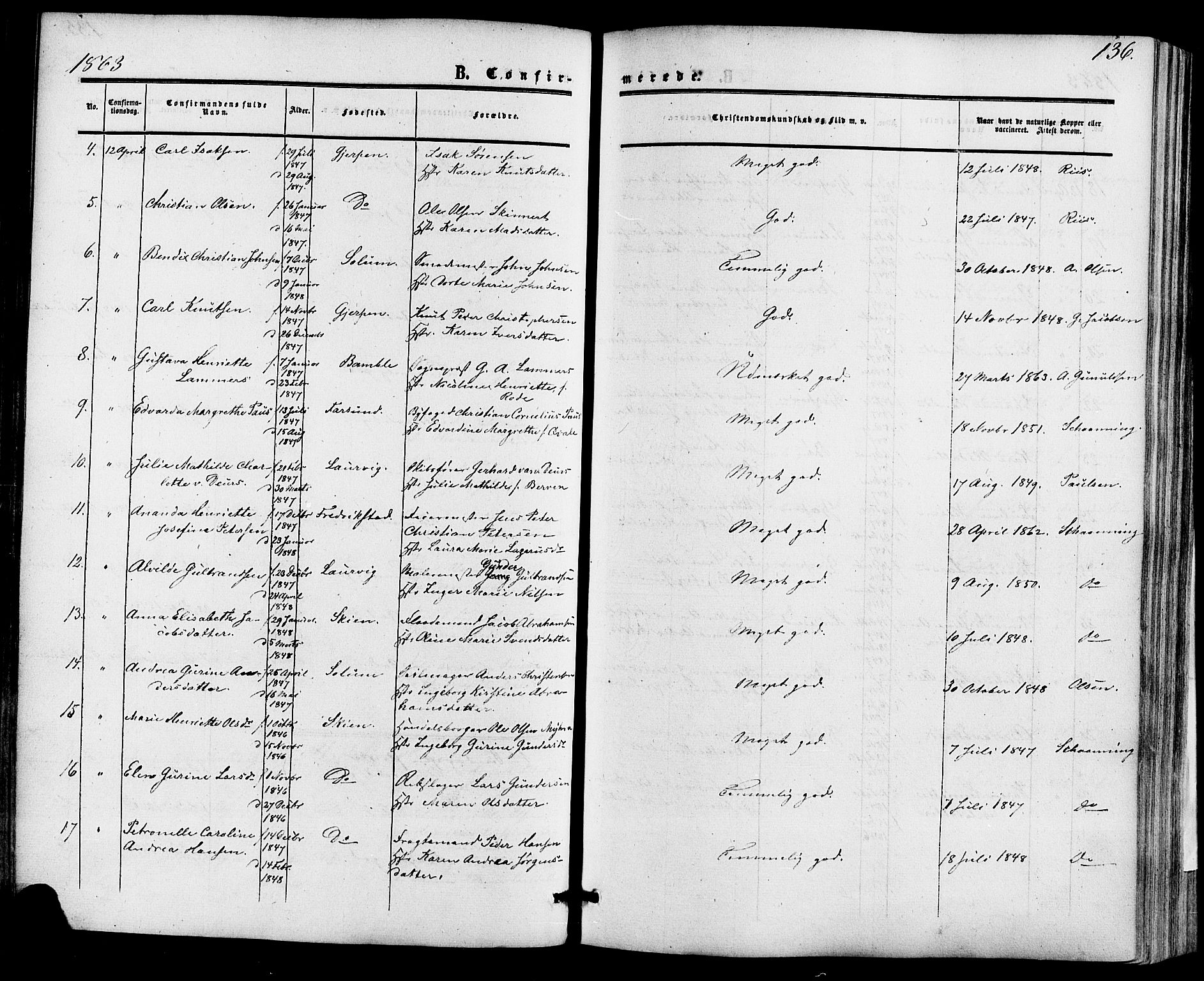 Skien kirkebøker, AV/SAKO-A-302/F/Fa/L0007: Parish register (official) no. 7, 1856-1865, p. 136