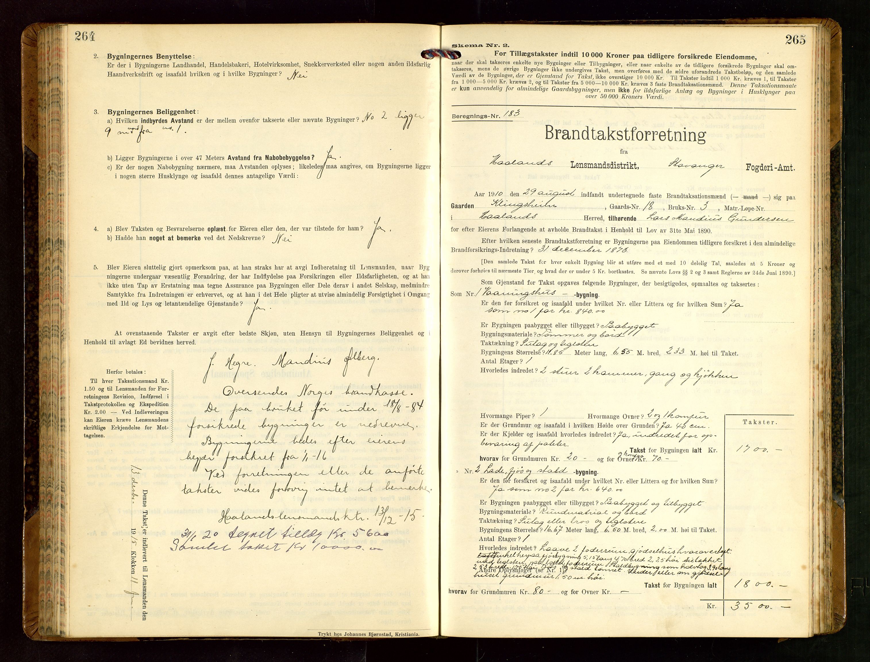 Håland lensmannskontor, AV/SAST-A-100100/Gob/L0004: Branntakstprotokoll - skjematakst. Register i boken., 1913-1915, p. 264-265