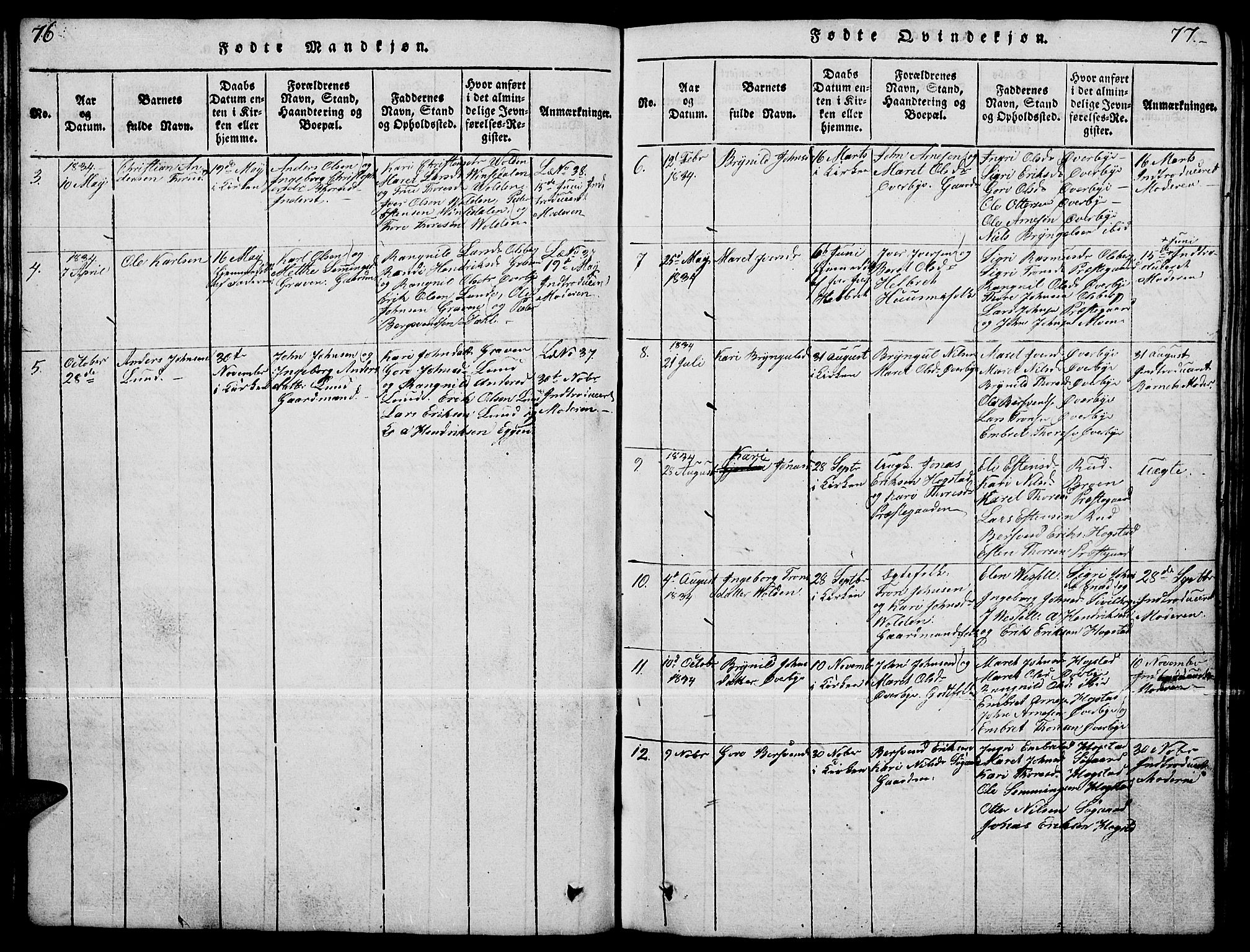 Tynset prestekontor, SAH/PREST-058/H/Ha/Hab/L0004: Parish register (copy) no. 4, 1814-1879, p. 76-77
