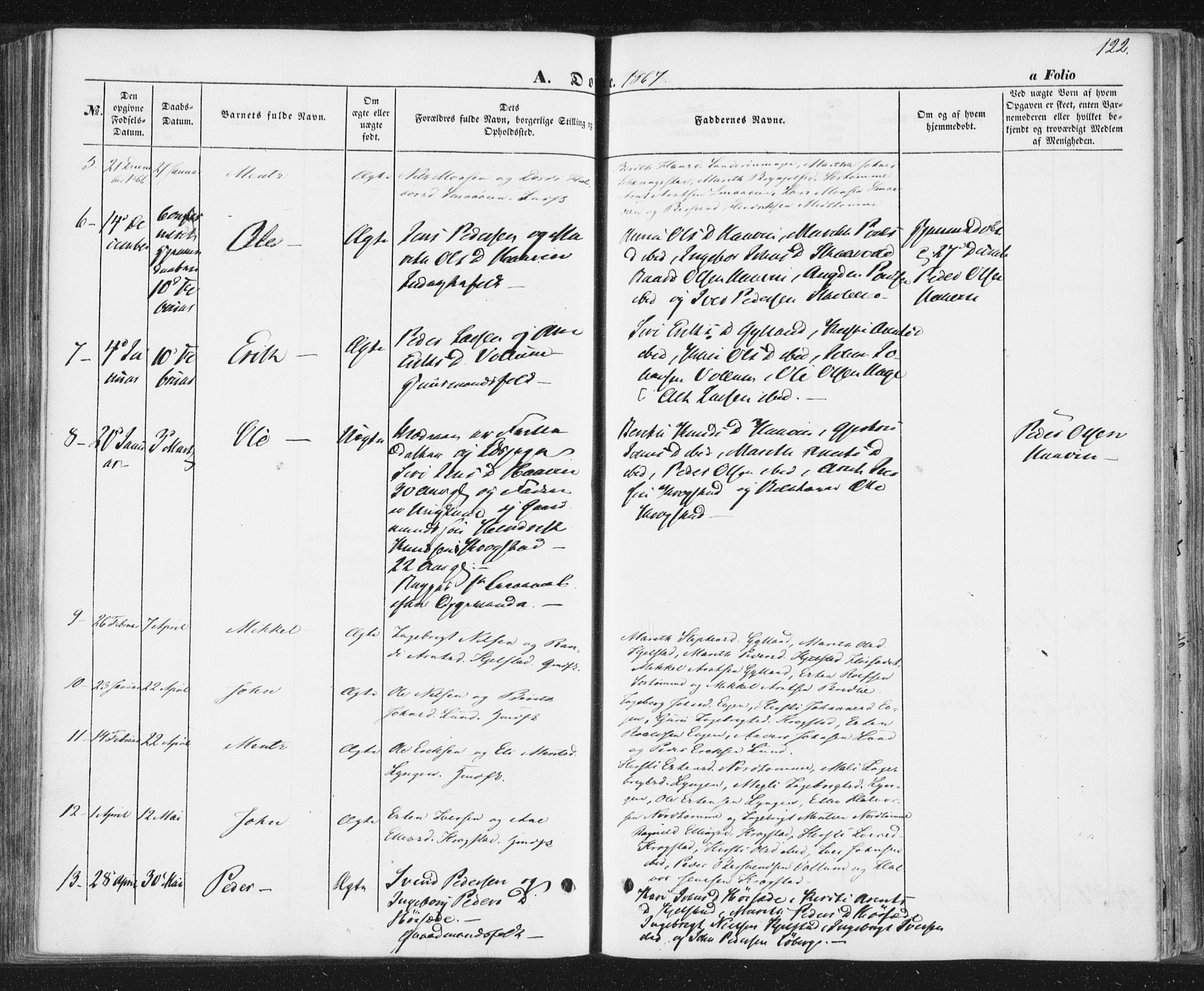 Ministerialprotokoller, klokkerbøker og fødselsregistre - Sør-Trøndelag, SAT/A-1456/692/L1103: Parish register (official) no. 692A03, 1849-1870, p. 122
