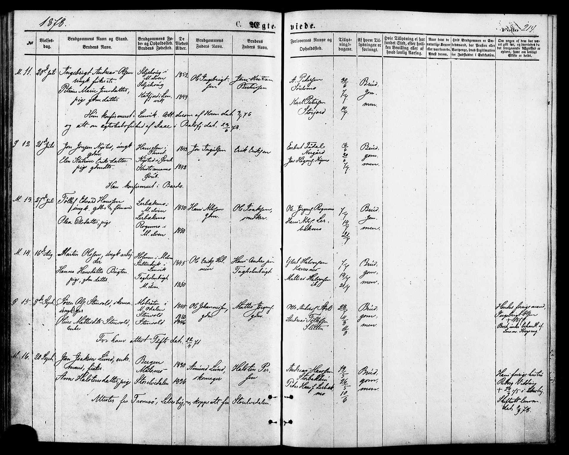 Målselv sokneprestembete, AV/SATØ-S-1311/G/Ga/Gaa/L0005kirke: Parish register (official) no. 5, 1872-1884, p. 214