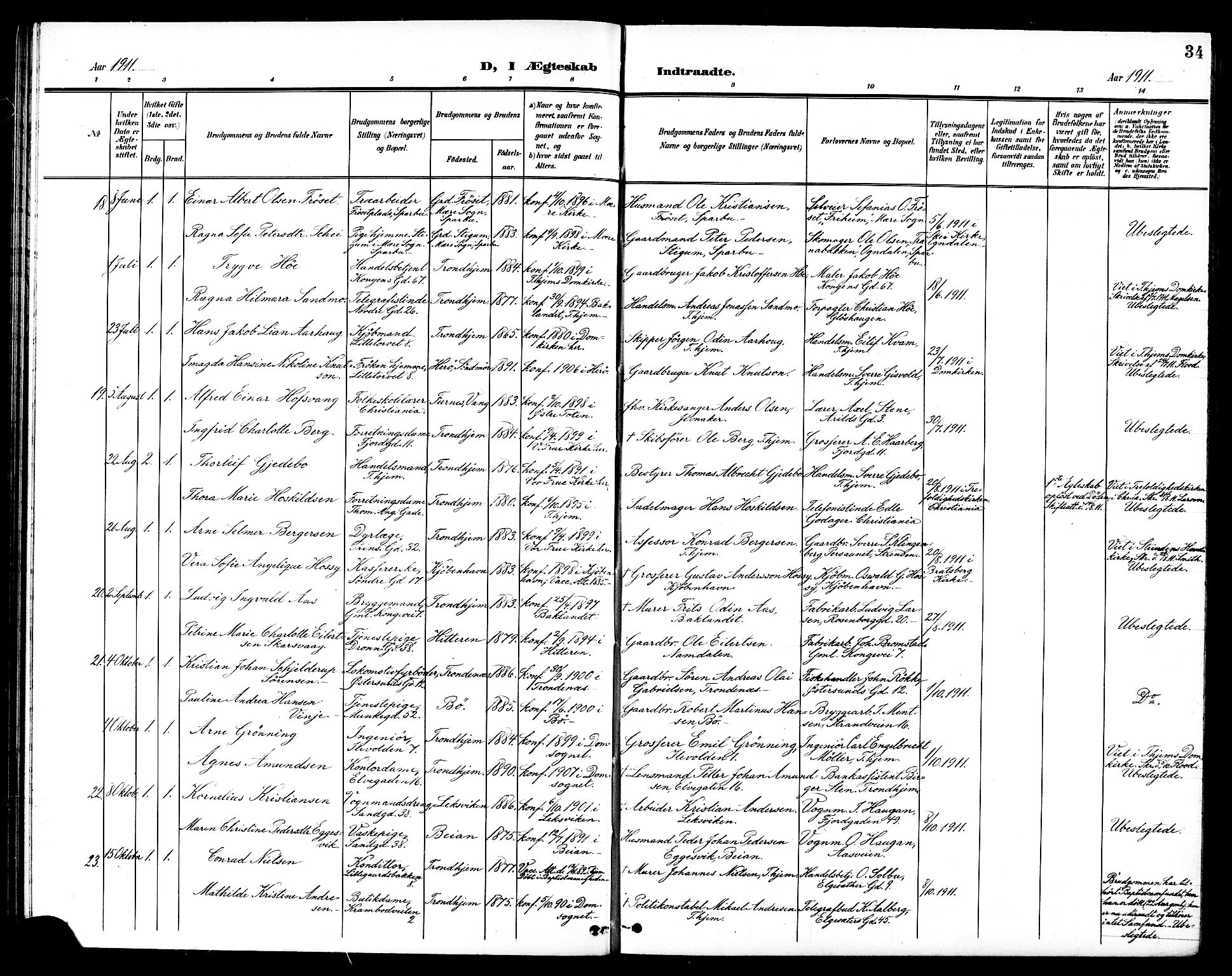 Ministerialprotokoller, klokkerbøker og fødselsregistre - Sør-Trøndelag, SAT/A-1456/602/L0145: Parish register (copy) no. 602C13, 1902-1919, p. 34